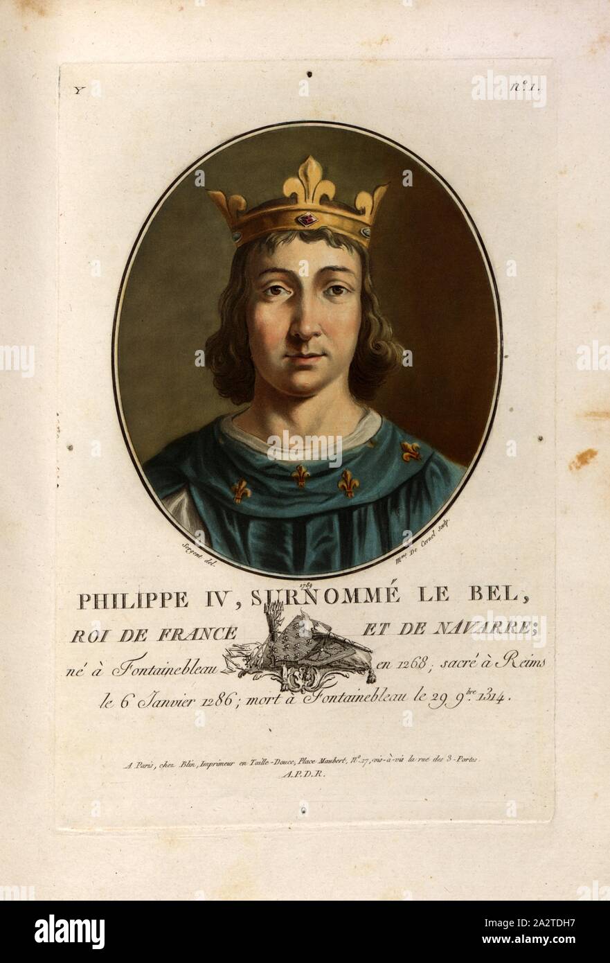 Philip IV, nicknamed Bel., König von Frankreich und Navarra, Philipp IV., genannt der Messe, König von Frankreich und Navarra, unterzeichnet: Sergent (Del.); Mme De Cernel (sculp.); chez Blin, Y-Nr. 1, Sergent, Antoine Louis François (Del.); Cernel, Marie-Louise - Suzanne Champion de (sc.); Blin (Chez), Antoine François Sergent-Marceau: Porträts des Grands Hommes, femmes illustres et Sujets mémorables de France: gravés imprimés et en couleurs. Dédié Au Roi. Bd. 1, Bl. 1. Paris: chez Blin, Imprimeur en Taille-Douce, [1786-1792 Stockfoto