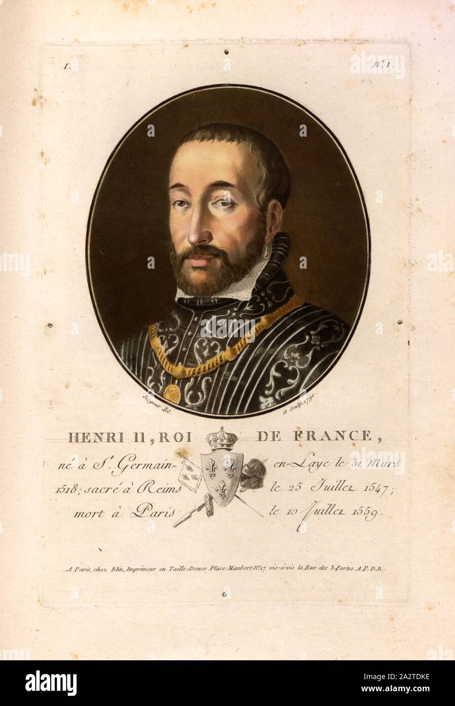 Heinrich II., König von Frankreich, Heinrich II., König von Frankreich, unterzeichnet: Sergent (Del. Et sculp.); chez Blin, I Nr. 1, Sergent, Antoine Louis François (Del. et sculp.); Blin (Chez), Antoine François Sergent-Marceau: Porträts des Grands Hommes, femmes illustres et Sujets mémorables de France: gravés imprimés et en couleurs. Dédié Au Roi. Bd. 1, Bl. 1. Paris: chez Blin, Imprimeur en Taille-Douce, [1786-1792 Stockfoto