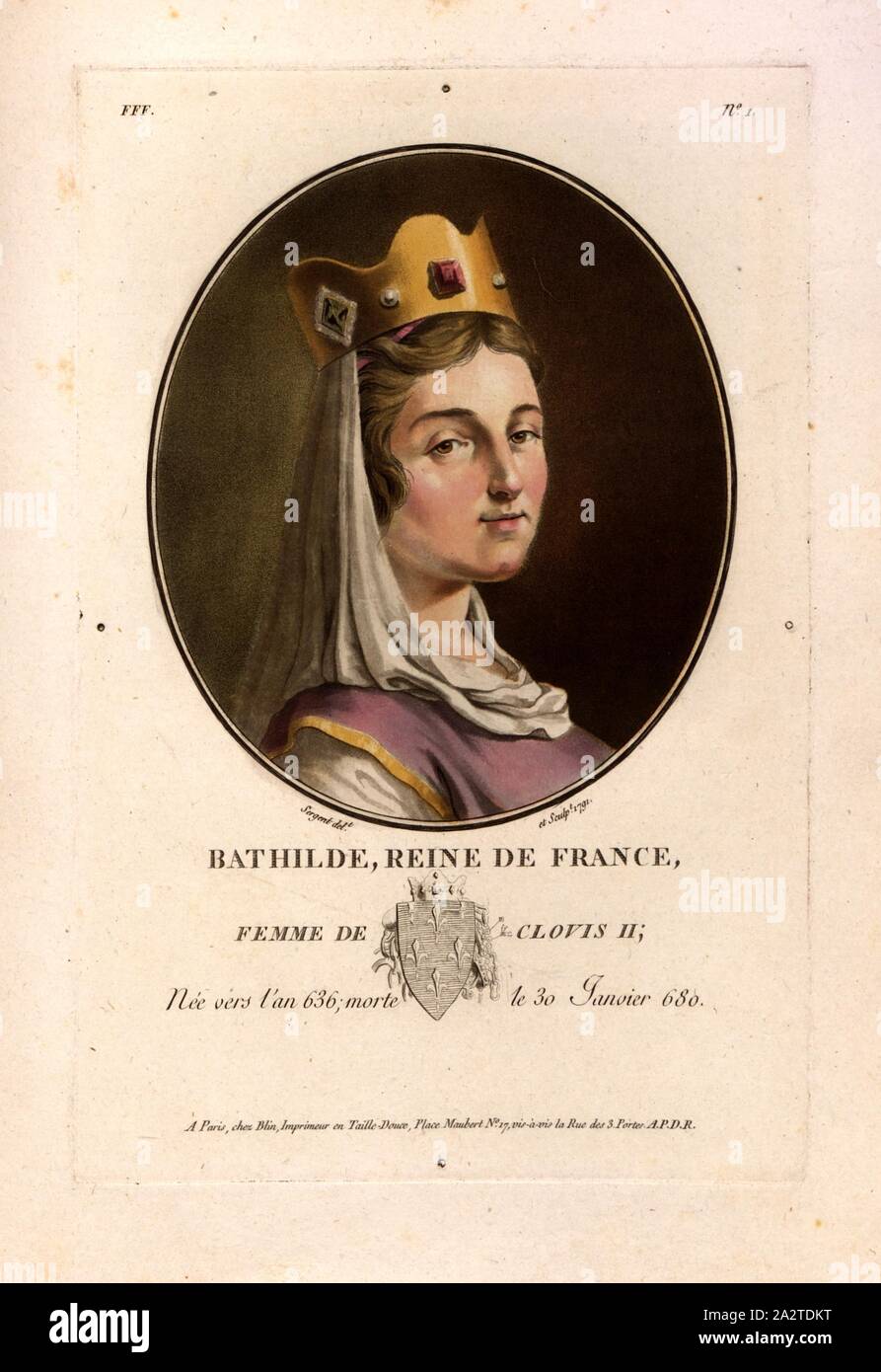 Bathilde, Königin von Frankreich, Gattin von Clovis II., bathilde von Ascania, Ehefrau des fränkischen König Chlodwig II., unterzeichnet: Sergent (Del. Et sculp.); chez Blin, FFF.Nr. 1, Sergent, Antoine Louis François (Del. et Sc.); Blin (Chez), Antoine François Sergent-Marceau: Porträts des Grands Hommes, femmes illustres et Sujets mémorables de France: gravés imprimés et en couleurs. Dédié Au Roi. Bd. 1, Bl. 1. Paris: chez Blin, Imprimeur en Taille-Douce, [1786-1792 Stockfoto