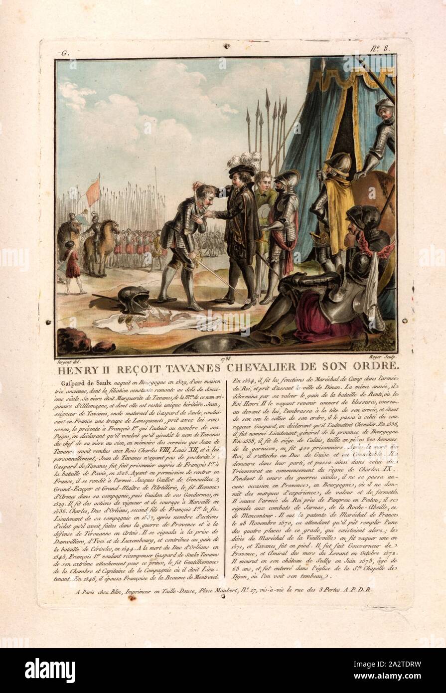 Heinrich II. empfängt Tavanes Ritter seiner Bestellung, Gaspard de Saulx, Seigneur de Tavannes und Heinrich II., König von Frankreich, unterzeichnet: Sergent (Del.); Roger (sculp.); chez Blin, G-Nr. 8., Sergent, Antoine Louis François (Del.); Roger, Louis (sc.); Blin (Chez), Antoine François Sergent-Marceau: Porträts des Grands Hommes, femmes illustres et Sujets mémorables de France: gravés imprimés et en couleurs. Dédié Au Roi. Bd. 1, Bl. 2. Paris: chez Blin, Imprimeur en Taille-Douce, [1786-1792 Stockfoto