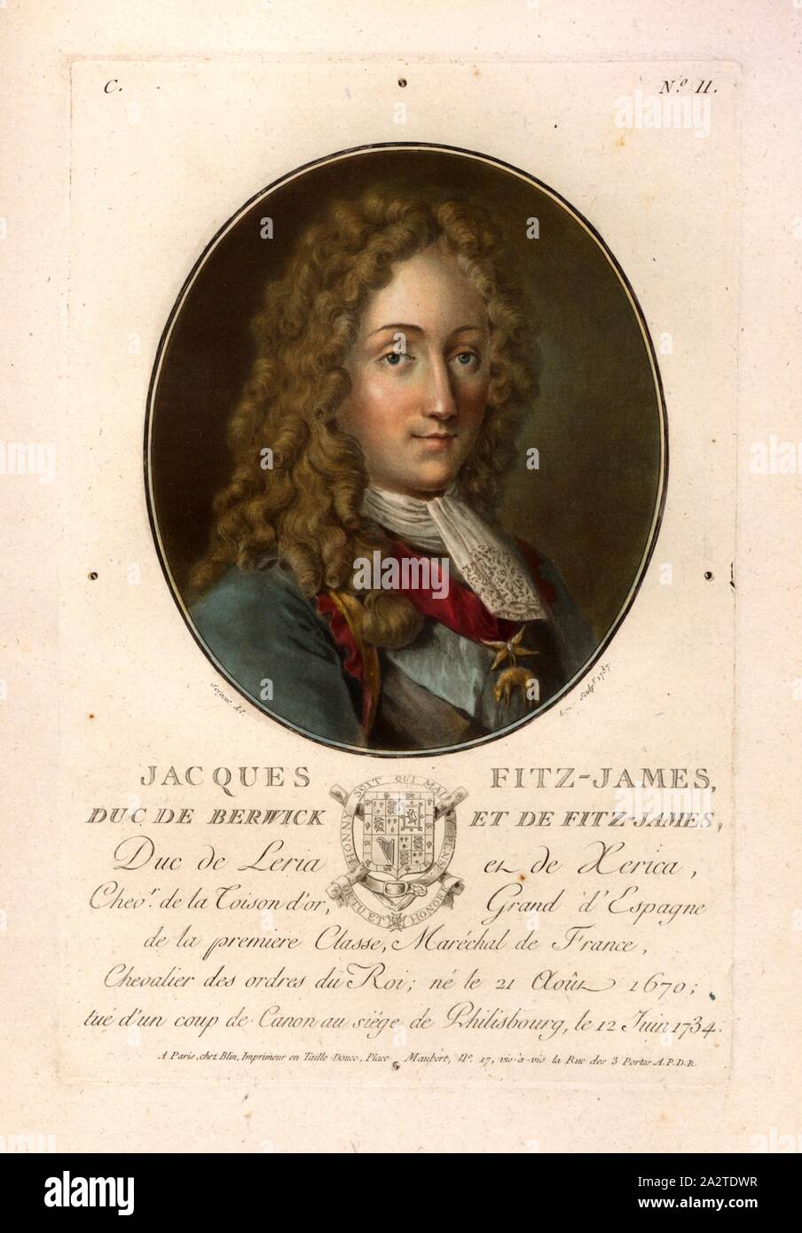 Jacques Fitz-James, duc de Berwick und Fitz-James, James Fitzjames, 1. Herzog von Berwick, Sohn von König James II., signiert: Sergent (Del.); chez Blin, C. 11, Sergent, Antoine Louis François (Del.); Blin (Chez), Antoine François Sergent-Marceau: Porträts des Grands Hommes, femmes illustres et Sujets mémorables de France: gravés imprimés et en couleurs. Dédié Au Roi. Bd. 1, Bl. 2. Paris: chez Blin, Imprimeur en Taille-Douce, [1786-1792 Stockfoto