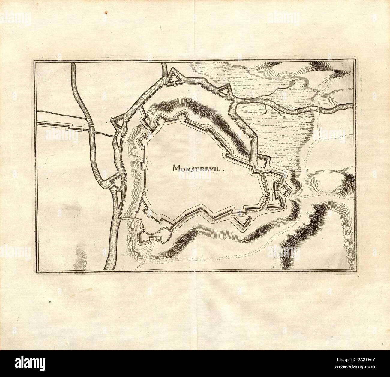 Monstreuil, Plan der Festung Montreuil-l'Argillé, Abb. 22, Zweyter Theil, nach S. 26, Martin Zeiller: Topographia Galliae, oder, Beschreibung und Contrafaitung der vornehmbsten und bekantisten Oerter in dem mächtigen und grossen Königreich Franckreich: beedes auss eygner Erfahrung und Beispiele in den Graben und berühmbtesten Scribenten so in Underschiedlichen Spraachen Abb. aussgangen seyn auch auss erlangten Bericht- und Relationen von etlichen Jahren Held zusammengetragen in richtige Ordnung Referenzen und auff Begehren zum Druck verfertiget. Bd. 1, Bl. 2. Frankfurt am Mayn: Im Verlag Caspar Merians, M DC Stockfoto