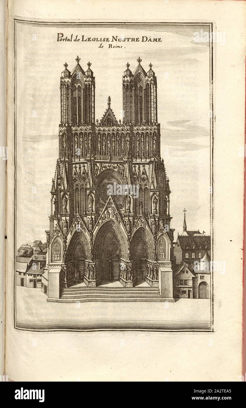 Portal de l'église Notre Dame de Reims, Kathedrale Notre-Dame in Reims, Abb. 66, dritter Teil, nach S. 26, Martin Zeiller: Topographia Galliae, oder, Beschreibung und Contrafaitung der vornehmbsten und bekantisten Oerter in dem mächtigen und grossen Königreich Franckreich: beedes auss eygner Erfahrung und Beispiele in den Graben und berühmbtesten Scribenten so in Underschiedlichen Spraachen Abb. aussgangen seyn auch auss erlangten Bericht- und Relationen von etlichen Jahren Held zusammengetragen in richtige Ordnung Referenzen und auff Begehren zum Druck verfertiget. Bd. 1, Bl. 2. Frankfurt am Mayn: Im Verlag Caspar Stockfoto