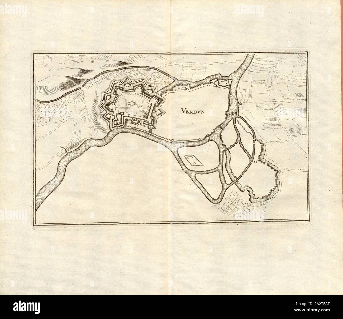 Verdun, Plan der Festung Verdun, Abb. 81, dritter Teil, nach S. 34, Martin Zeiller: Topographia Galliae, oder, Beschreibung und Contrafaitung der vornehmbsten und bekantisten Oerter in dem mächtigen und grossen Königreich Franckreich: beedes auss eygner Erfahrung und Beispiele in den Graben und berühmbtesten Scribenten so in Underschiedlichen Spraachen Abb. aussgangen seyn auch auss erlangten Bericht- und Relationen von etlichen Jahren Held zusammengetragen in richtige Ordnung Referenzen und auff Begehren zum Druck verfertiget. Bd. 1, Bl. 2. Frankfurt am Mayn: Im Verlag Caspar Merians, M DC LVI [1656 Stockfoto