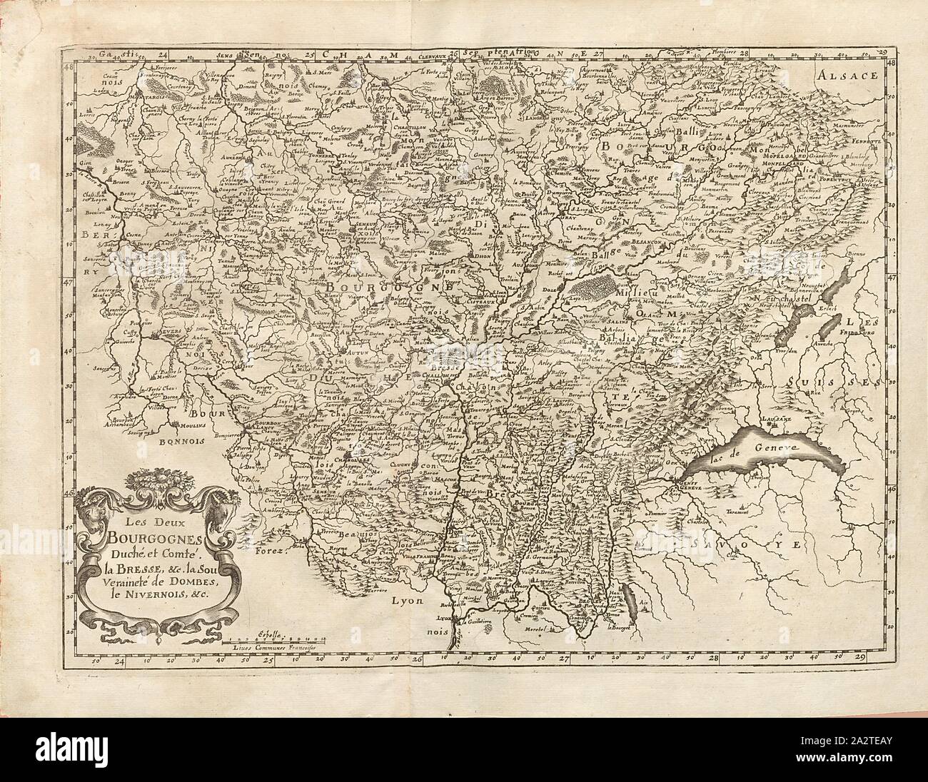 Die beiden Burgunder Herzogtums und Grafschaft Bresse..., Karte der Freien Grafschaft Burgund und Herzogtum Burgund, Abb. 1, Vierder Theil, S. 12, Martin Zeiller: Topographia Galliae, oder, Beschreibung und Contrafaitung der vornehmbsten und bekantisten Oerter in dem mächtigen und grossen Königreich Franckreich: beedes auss eygner Erfahrung und Beispiele in den Graben und berühmbtesten Scribenten so in Underschiedlichen Spraachen Abb. aussgangen seyn auch auss erlangten Bericht- und Relationen von etlichen Jahren Held zusammengetragen in richtige Ordnung Referenzen und auff Begehren zum Druck verfertiget. Bd. 1, Bl. 3. Stockfoto