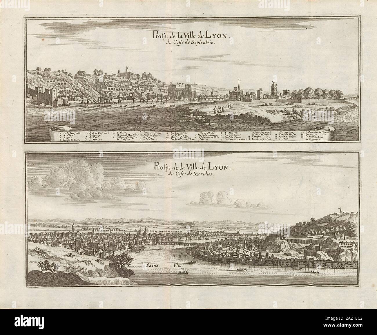 Prosp. der Stadt Lyon Coste de Septentrio und Coste de Irak, verschiedene Ansichten der Stadt Lyon, Abb. 27, fünfter Teil, nach S. 8, Martin Zeiller: Topographia Galliae, oder, Beschreibung und Contrafaitung der vornehmbsten und bekantisten Oerter in dem mächtigen und grossen Königreich Franckreich: beedes auss eygner Erfahrung und Beispiele in den Graben und berühmbtesten Scribenten so in Underschiedlichen Spraachen Abb. aussgangen seyn auch auss erlangten Bericht- und Relationen von etlichen Jahren Held zusammengetragen in richtige Ordnung Referenzen und auff Begehren zum Druck verfertiget. Bd. 1, Bl. 3. Stockfoto