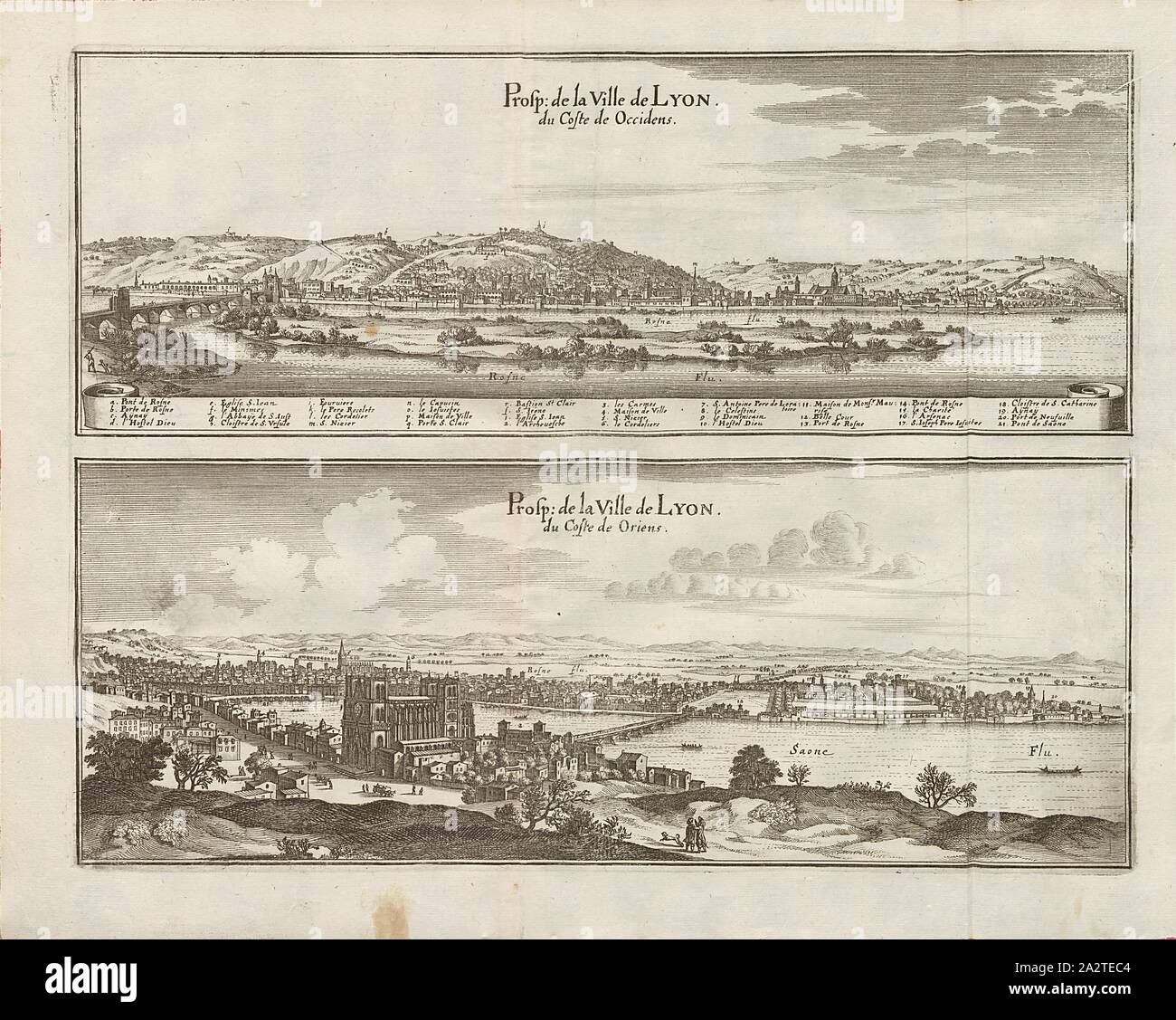 Prosp. der Stadt Lyon von Coste de und Coste de Oriens Occidens, verschiedene Ansichten der Stadt Lyon, Abb. 28, fünfter Teil, nach S. 8, Martin Zeiller: Topographia Galliae, oder, Beschreibung und Contrafaitung der vornehmbsten und bekantisten Oerter in dem mächtigen und grossen Königreich Franckreich: beedes auss eygner Erfahrung und Beispiele in den Graben und berühmbtesten Scribenten so in Underschiedlichen Spraachen Abb. aussgangen seyn auch auss erlangten Bericht- und Relationen von etlichen Jahren Held zusammengetragen in richtige Ordnung Referenzen und auff Begehren zum Druck verfertiget. Bd. 1, Bl. 3. Stockfoto