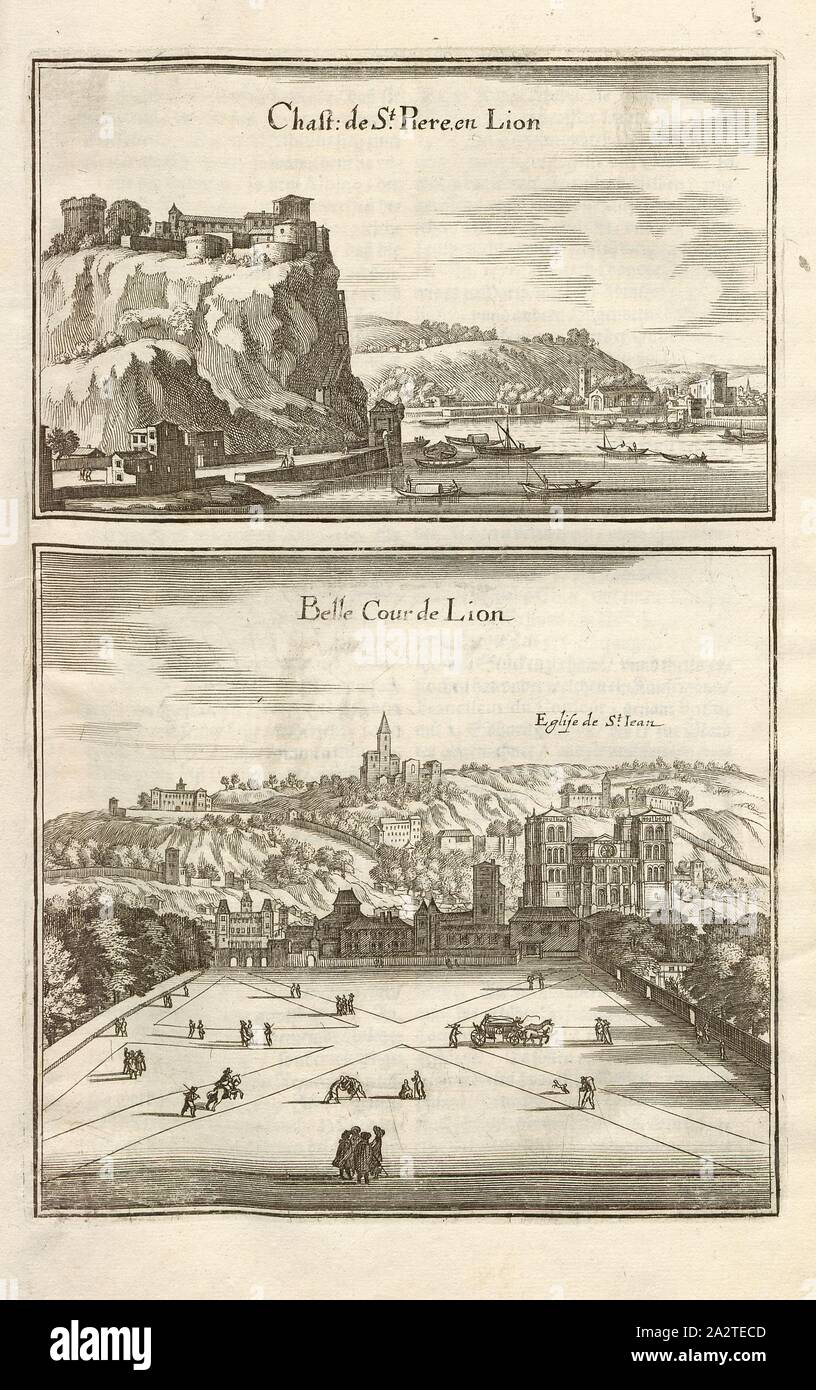 Chast. von St. Peter in Leo und Schöne Löwen Hof, Palais Saint-Pierre und Place Bellecour in Lyon, Abb. 36, fünfter Teil, nach S. 22, Martin Zeiller: Topographia Galliae, oder, Beschreibung und Contrafaitung der vornehmbsten und bekantisten Oerter in dem mächtigen und grossen Königreich Franckreich: beedes auss eygner Erfahrung und Beispiele in den Graben und berühmbtesten Scribenten so in Underschiedlichen Spraachen Abb. aussgangen seyn auch auss erlangten Bericht- und Relationen von etlichen Jahren Held zusammengetragen in richtige Ordnung Referenzen und auff Begehren zum Druck verfertiget. Bd. 1, Bl. 3. Stockfoto