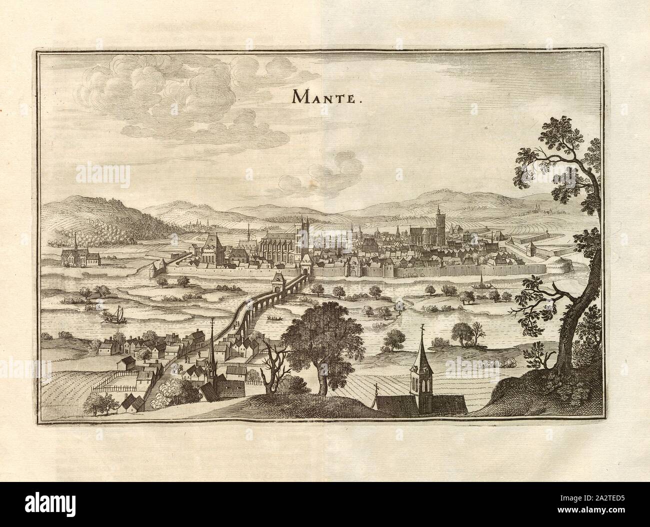 Mante, Mantes-la-Jolie auf der Seine, Abb. 53, 7. Teil, auf S. 38, Martin Zeiller: Topographia Galliae, oder, Beschreibung und Contrafaitung der vornehmbsten und bekantisten Oerter in dem mächtigen und grossen Königreich Franckreich: beedes auss eygner Erfahrung und Beispiele in den Graben und berühmbtesten Scribenten so in Underschiedlichen Spraachen Abb. aussgangen seyn auch auss erlangten Bericht- und Relationen von etlichen Jahren Held zusammengetragen in richtige Ordnung Referenzen und auff Begehren zum Druck verfertiget. Bd. 1, Bl. 3. Frankfurt am Mayn: Im Verlag Caspar Merians, M DC LVI [1656 Stockfoto