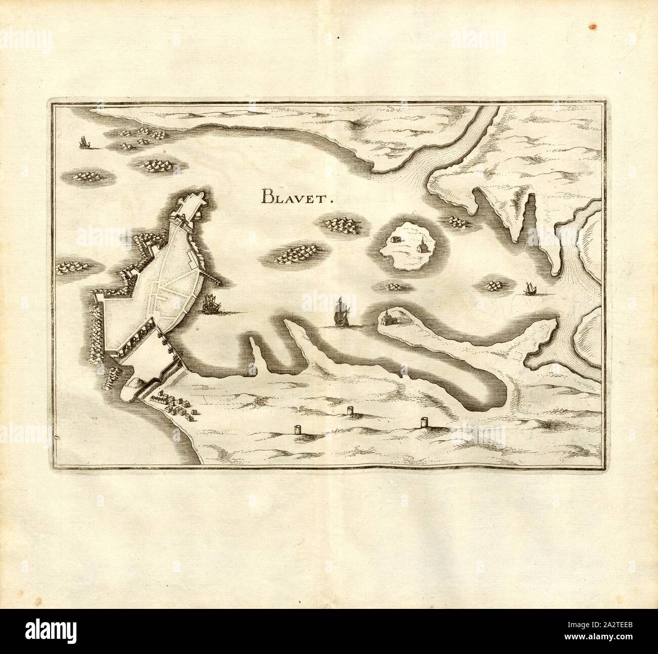 Blavet, Karte von die Bucht in der Nähe von Lorient in der Bretagne, Frankreich, Abb. 3, 9. Teil, nach S. 8, Martin Zeiller: Topographia Galliae, oder, Beschreibung und Contrafaitung der vornehmbsten und bekantisten Oerter in dem mächtigen und grossen Königreich Franckreich: beedes auss eygner Erfahrung und Beispiele in den Graben und berühmbtesten Scribenten so in Underschiedlichen Spraachen Abb. aussgangen seyn auch auss erlangten Bericht- und Relationen von etlichen Jahren Held zusammengetragen in richtige Ordnung Referenzen und auff Begehren zum Druck verfertiget. Bd. 1, Bl. 4. Frankfurt am Mayn: Im Verlag Caspar Merians, M DC Stockfoto