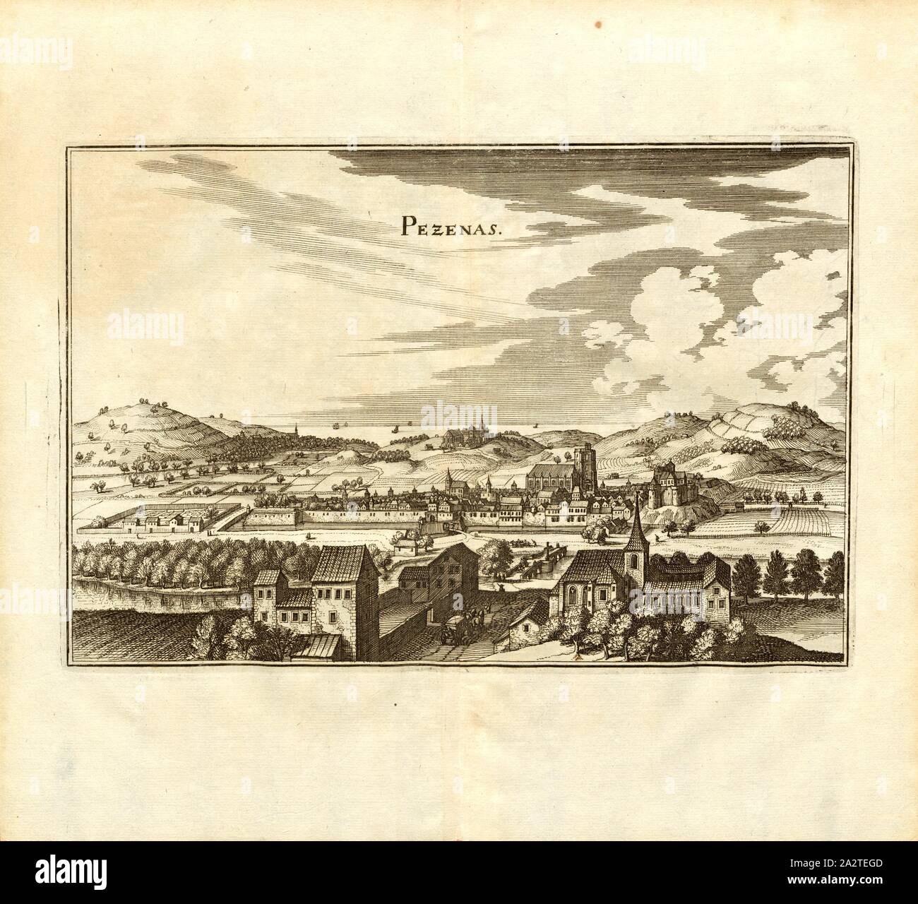 St. Esprit Brücke, Pont-Saint-Esprit und Rhone in Frankreich, Abb. 32, 11 Teil, nach S. 64, Martin Zeiller: Topographia Galliae, oder, Beschreibung und Contrafaitung der vornehmbsten und bekantisten Oerter in dem mächtigen und grossen Königreich Franckreich: beedes auss eygner Erfahrung und Beispiele in den Graben und berühmbtesten Scribenten so in Underschiedlichen Spraachen Abb. aussgangen seyn auch auss erlangten Bericht- und Relationen von etlichen Jahren Held zusammengetragen in richtige Ordnung Referenzen und auff Begehren zum Druck verfertiget. Bd. 1, Bl. 4. Frankfurt am Mayn: Im Verlag Caspar Merians, M DC Stockfoto