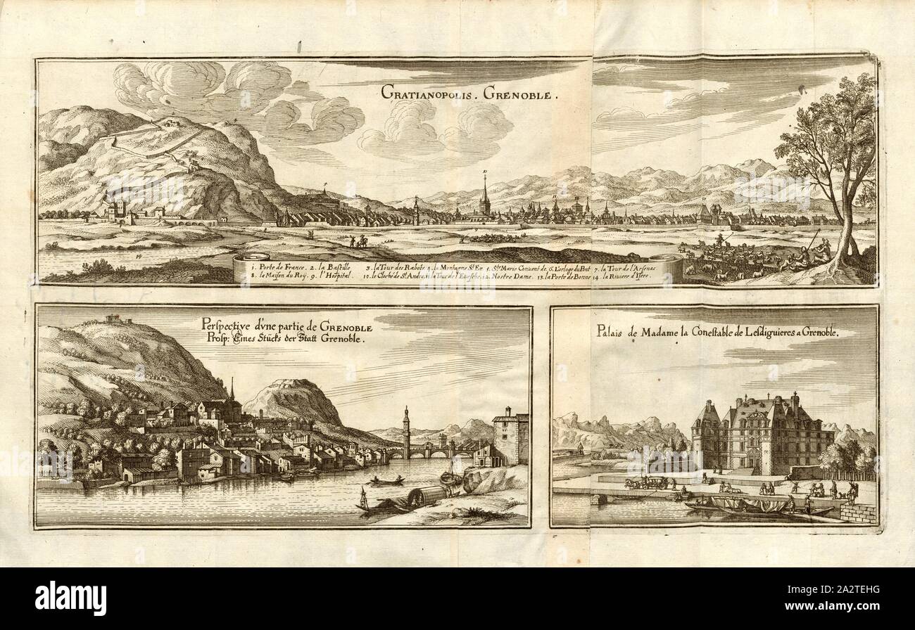 Grenoble, verschiedene Ansichten der Stadt von Grenoble in Frankreich, Abb. 47, 13, nach 16, Martin Zeiller: Topographia Galliae, oder, Beschreibung und Contrafaitung der vornehmbsten und bekantisten Oerter in dem mächtigen und grossen Königreich Franckreich: beedes auss eygner Erfahrung und Beispiele in den Graben und berühmbtesten Scribenten so in Underschiedlichen Spraachen Abb. aussgangen seyn auch auss erlangten Bericht- und Relationen von etlichen Jahren Held zusammengetragen in richtige Ordnung Referenzen und auff Begehren zum Druck verfertiget. Bd. 1, Bl. 4. Frankfurt am Mayn: Im Verlag Caspar Merians, M DC Stockfoto