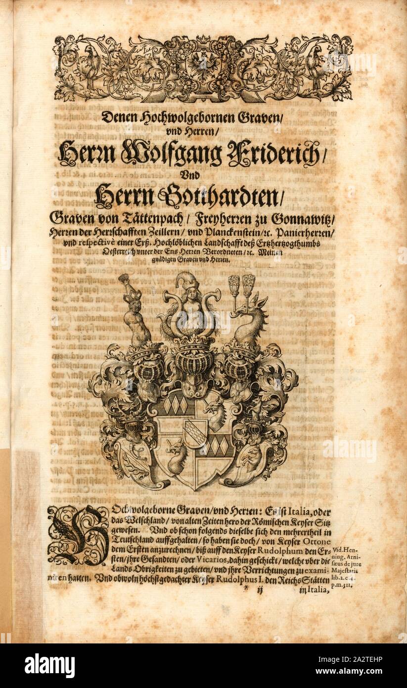 Wappen, Wappen der Familie Tattenbach, Abb. 1, 1640, Martin Zeiller: Itinerarium Italiae Nov-antiquae oder Raiss-Beschreibung Niederländisch Italienisch: Darinn nicht allein viel underschiedliche Weg durch das Welschland selbsten [...]. Frankfurt am Mayn: in Merians Verlegung Matthaei, M.DC.XL. [1640 Stockfoto