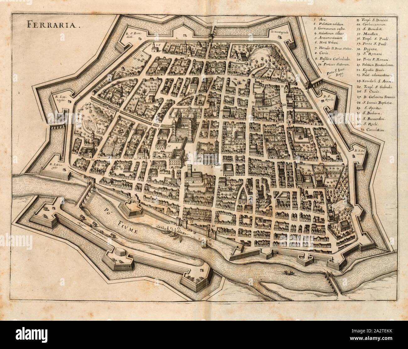 Ferraria, Karte von Ferrara (Italien), Abb. 44, S. 200, 1640, Martin Zeiller: Itinerarium Italiae Nov-antiquae oder Raiss-Beschreibung Niederländisch Italienisch: Darinn nicht allein viel underschiedliche Weg durch das Welschland selbsten [...]. Frankfurt am Mayn: in Merians Verlegung Matthaei, M.DC.XL. [1640 Stockfoto