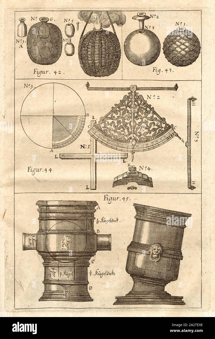 Fireball Sack, explosive Kugel, Bau von explosiven Kugeln, Instrument für die Ausrichtung und Abfeuern von Poller, Abb. 42-45, nach s. 88 (Teil 6), 1730, Kazimierz Siemienowicz, Daniel Elrich, Thoma Leonhard Beeren: Vollkommene Geschütz-Feuerwerck-und Büchsenmeisterey-Kunst: Hiebevor in Lateinischer Sprach beschrieben und mit Fleisz zusammen getragen. Franckfurt am Mayn: In Verlegung Johann David Zunners Seel. Erben, wie auch allda Möllerischen zufinden im Buchladen, 1730 Stockfoto