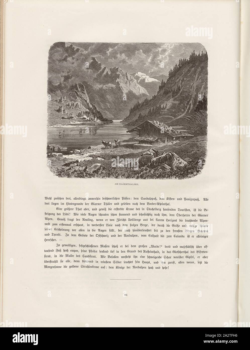 Bin Kloenthalsee, Ansicht der Klönthalsee aus dem 19. Jahrhundert, Signiert: E.G, Abb. 77, S. 96, G., E., Woldemar Kaden: Das schweizerland: eine Sommerfahrt durch Gebirg und Thal. Stuttgart: Engelhorn, 1875 Stockfoto