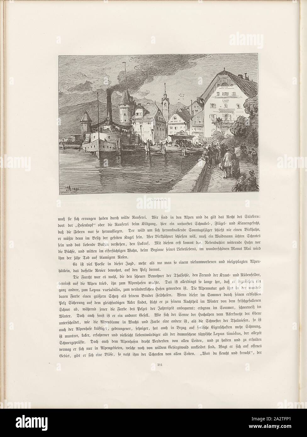 Luzern, Illustration eines angrenzenden Steamship in Luzern aus dem 19. Jahrhundert, Signiert: AH, Abb. 160, S. 184, Hertel. Albert, Woldemar Kaden: Das schweizerland: eine Sommerfahrt durch Gebirg und Thal. Stuttgart: Engelhorn, 1875 Stockfoto
