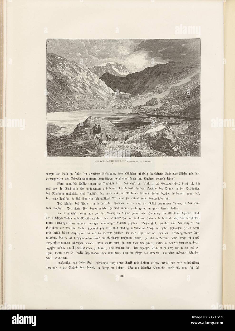 Auf der Passhöhe des Großen St. Bernhard, Illustration der Passhöhe des Großen St. Bernhard mit einem Hospiz aus dem 19. Jahrhundert, Abb. 275, S. 320, Woldemar Kaden: Das schweizerland: eine Sommerfahrt durch Gebirg und Thal. Stuttgart: Engelhorn, 1875 Stockfoto