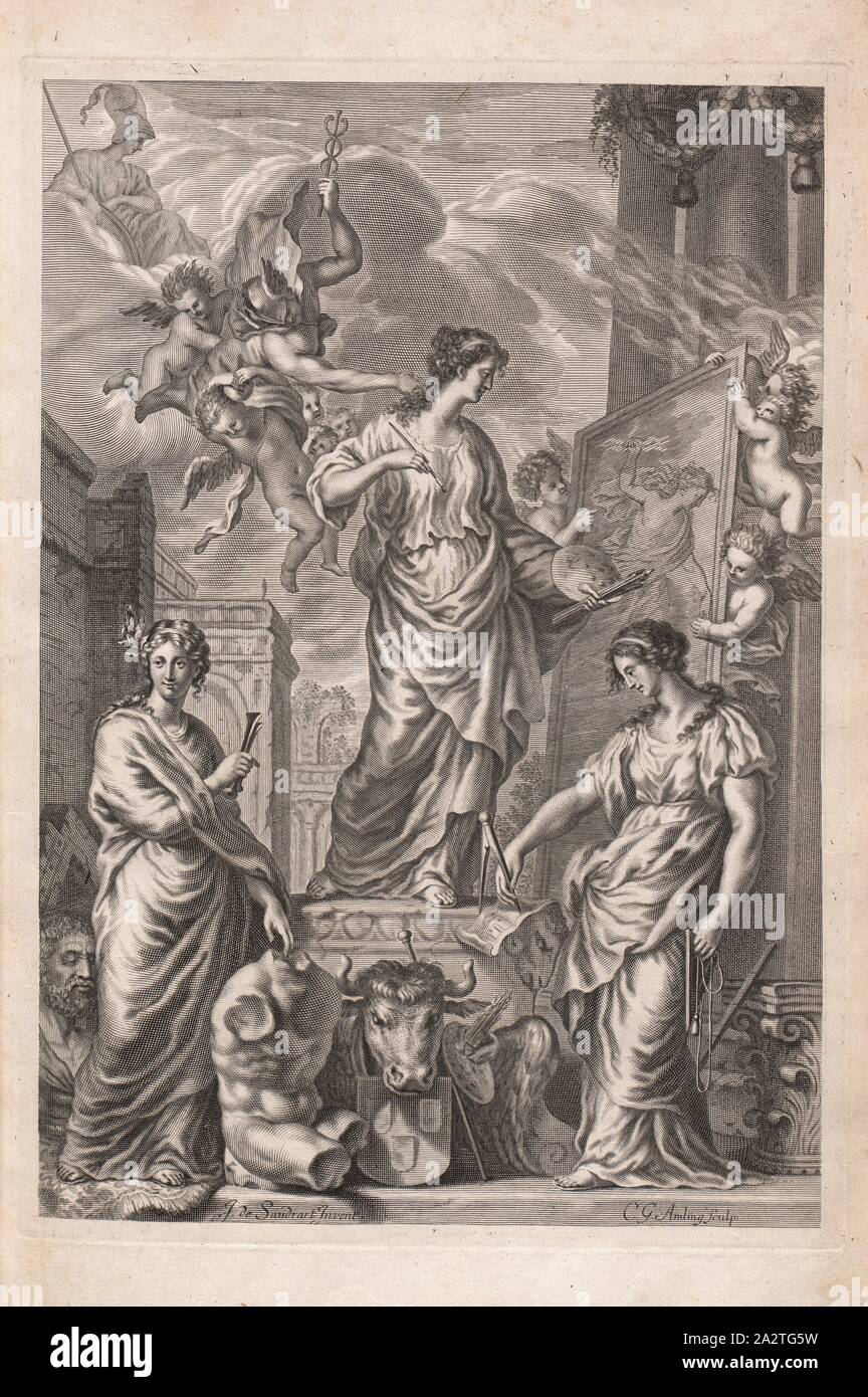 Malerei, Skulptur, Architektur, Personifizierung der Malerei, Skulptur und Architektur, der Gott Hermes und Göttin Athena im Hintergrund, unterzeichnet: J. de Sandrart erfinden, C.G. Amling sculp, Frontispiz, Sandrart, Joachim von (Inv.); Amling, Carl Gustav von (sc.); Offizin Endter Nürnberg (Imp.), 1775, Joachim von Sandrart: Teutsche Academie der Bau-Bildhauer- und Maler-Kunst: Worinn sterben Regeln und Lehrsätze of this Künste gegeben, nicht weniger zu sterben mehrerer Erläuterung und Beispiele Beispiele der alten und neuen Künstler in Kupfer beygefüget worden, wie solche in Rom auf das genaueste Stockfoto