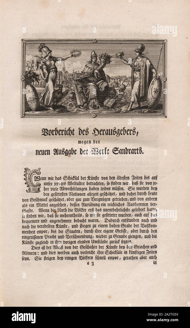 Krönung der Serenissima, Personifikationen von Rom, Byzanz, Republik Venedig mit Rudern und Füllhorn in der Hand, Abb. 1, S. XV, Offizin Endter Nürnberg (Imp.), 1775, Joachim von Sandrart: Teutsche Academie der Bau-Bildhauer- und Maler-Kunst: Worinn sterben Regeln und Lehrsätze of this Künste gegeben, nicht weniger zu sterben mehrerer Erläuterung und Beispiele Beispiele der alten und neuen Künstler in Kupfer beygefüget worden, wie solche in Rom auf das genaueste abgezeichnet sind: nebst den Lebensbeschreibungen und Beispiele der griechischen, römischen und neuen Künstler, ingleichen der Anzeige Ihrer Stockfoto