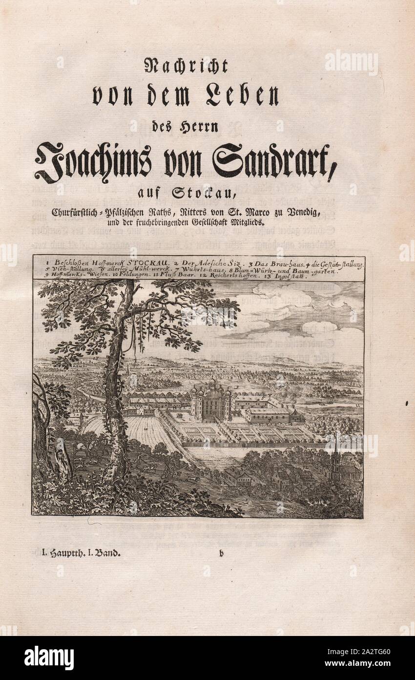 Beschlossen, Hoff-marck Stockau Stockau ..., Schloss in der Nähe von Ingolstadt (Deutschland), Country Estate des Künstlers Joachim von Sandrart, Abb. 3, s. XIII, Sandrart, Joachim von (FEC); Offizin Endter Nürnberg (Imp.), 1775, Joachim von Sandrart: Teutsche Academie der Bau-Bildhauer- und Maler-Kunst: Worinn sterben Regeln und Lehrsätze of this Künste gegeben, nicht weniger zu sterben mehrerer Erläuterung und Beispiele Beispiele der alten und neuen Künstler in Kupfer beygefüget worden, wie solche in Rom auf das genaueste abgezeichnet sind: nebst den Lebensbeschreibungen und Beispiele der griechischen, römischen und neuen Germany Stockfoto