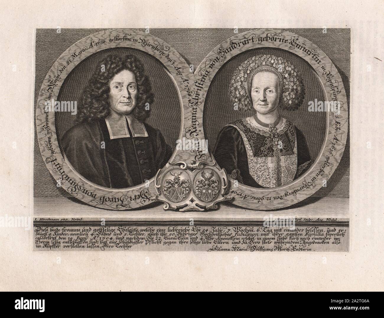 Herr Jacob von Sandrart... Frau Regina Christina von Sandrart, Portrait von Jakob von Sandrart und Regina Christina von Sandrart, Abb. 10, gemäß S. XXXII, Offizin Endter Nürnberg (Imp.), 1775, Joachim von Sandrart: Teutsche Academie der Bau-Bildhauer- und Maler-Kunst: Worinn sterben Regeln und Lehrsätze of this Künste gegeben, nicht weniger zu sterben mehrerer Erläuterung und Beispiele Beispiele der alten und neuen Künstler in Kupfer beygefüget worden, wie solche in Rom auf das genaueste abgezeichnet sind: nebst den Lebensbeschreibungen und Beispiele der griechischen, römischen und neuen Künstler, ingleichen der Stockfoto