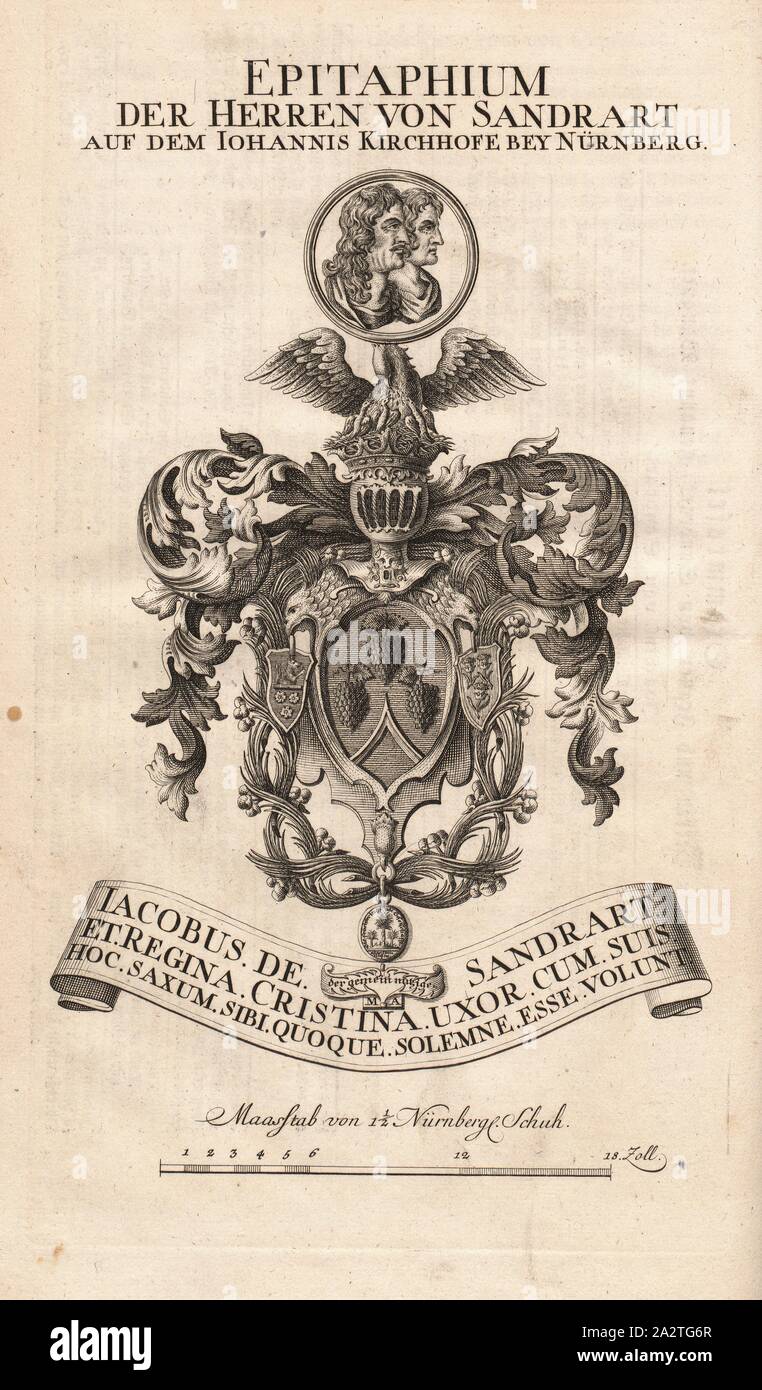 Epitaph der Herren von sandrart auf dem Kirchhofe Johannis Nürnberg, Epitaph von Jakob von Sandrart und Regina Christina von Sandrart, Abb. 11, S. XXXIV, Offizin Endter Nürnberg (Imp.), 1775, Joachim von Sandrart: Teutsche Academie der Bau-Bildhauer- und Maler-Kunst: Worinn sterben Regeln und Lehrsätze of this Künste gegeben, nicht weniger zu sterben mehrerer Erläuterung und Beispiele Beispiele der alten und neuen Künstler in Kupfer beygefüget worden, wie solche in Rom auf das genaueste abgezeichnet sind: nebst den Lebensbeschreibungen und Beispiele der griechischen, römischen und neuen Künstler, ingleichen der Stockfoto