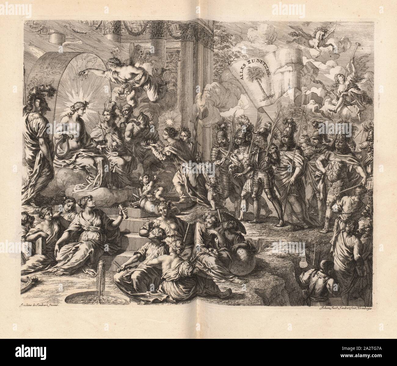 Fruchtbringende Gesellschaft, Germania und Apollon auf Thron zwischen den Musen und Mitglieder der Fruchtbringenden Gesellschaft mit Ludwig von Anhalt-Köthen, Wilhelm IV. von Sachsen-Weimar und auch August von Sachsen-Weissenfels, unterzeichnet: Joachimo de Sandrart erfinden; Johann Jakob Sandrart fecit, Abb. 12, Gemäß s. XXXIV, Sandrart, Joachim von (Inv.); Sandrart, Johann Jakob von (FEC); Offizin Endter Nürnberg (Imp.), 1775, Joachim von Sandrart: Teutsche Academie der Bau-Bildhauer- und Maler-Kunst: Worinn sterben Regeln und Lehrsätze of this Künste gegeben, nicht weniger zu sterben mehrerer Erläuterung und Beispiele Beispiele der alten Stockfoto