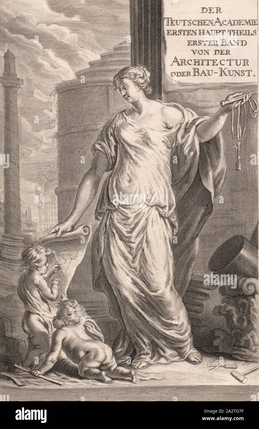 Die Teutsche Academie der erste große Teil ist der erste Band der Architektur oder Bau-Kunst, Personifizierung der Architektur mit Putten, Datum geschätzt, unterzeichnet: I.D. Sandrart delineavit; R. Collin sculpsite, Abb. 16, S. 30, Sandrart, Joachim von (Del.); Collin, Richard (sc.); Offizin Endter Nürnberg (Imp.), 1675, Joachim von Sandrart: Teutsche Academie der Bau-Bildhauer- und Maler-Kunst: Worinn sterben Regeln und Lehrsätze of this Künste gegeben, nicht weniger zu sterben mehrerer Erläuterung und Beispiele Beispiele der alten und neuen Künstler in Kupfer beygefüget worden, wie solche in Rom auf das genaueste Stockfoto