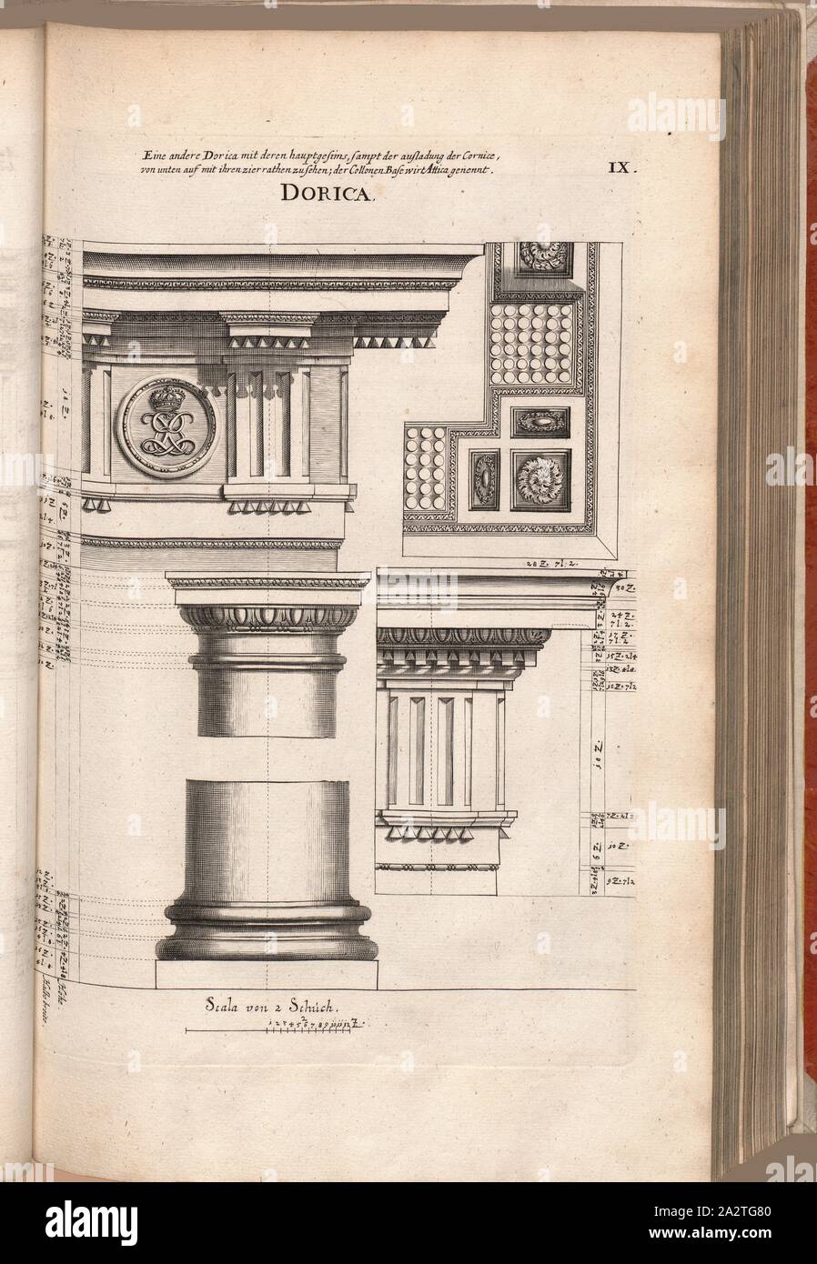 Ein weiterer Dorica mit ihrem Gesims, Sampt Boot das Gesims..., Säule der dorischen Ordnung, Abb. 24, IX, nach S. 30, Offizin Endter Nürnberg (Imp.), 1775, Joachim von Sandrart: Teutsche Academie der Bau-Bildhauer- und Maler-Kunst: Worinn sterben Regeln und Lehrsätze of this Künste gegeben, nicht weniger zu sterben mehrerer Erläuterung und Beispiele Beispiele der alten und neuen Künstler in Kupfer beygefüget worden, wie solche in Rom auf das genaueste abgezeichnet sind: nebst den Lebensbeschreibungen und Beispiele der griechischen, römischen und neuen Künstler, ingleichen der Anzeige ihrer vornehmsten Werke. Nürnberg Stockfoto