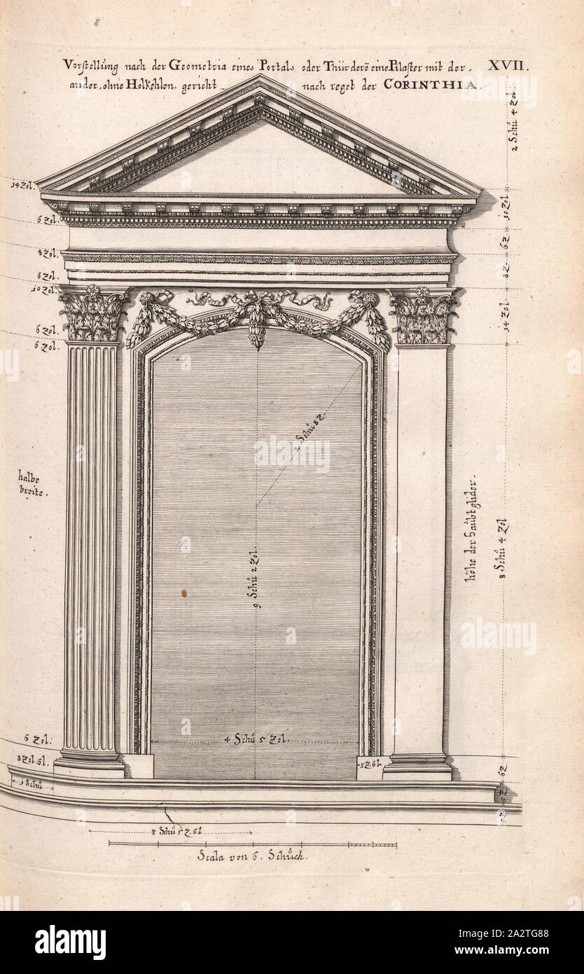 Präsentation nach der Geometrie der ein Portal oder eine Tür, deren einen Stützpfeiler mit den Anderen, ohne Holkehlen Gericht nach Regel von Corinthia, geometrischen Darstellung eines Portals der dorischen Ordnung, Abb. 32, XVII, nach S. 30, Offizin Endter Nürnberg (Imp.), 1775, Joachim von Sandrart: Teutsche Academie der Bau-Bildhauer- und Maler-Kunst: Worinn sterben Regeln und Lehrsätze of this Künste gegeben, nicht weniger zu sterben mehrerer Erläuterung und Beispiele Beispiele der alten und neuen Künstler in Kupfer beygefüget worden, wie solche in Rom auf das genaueste abgezeichnet sind: nebst den Lebensbeschreibungen Stockfoto