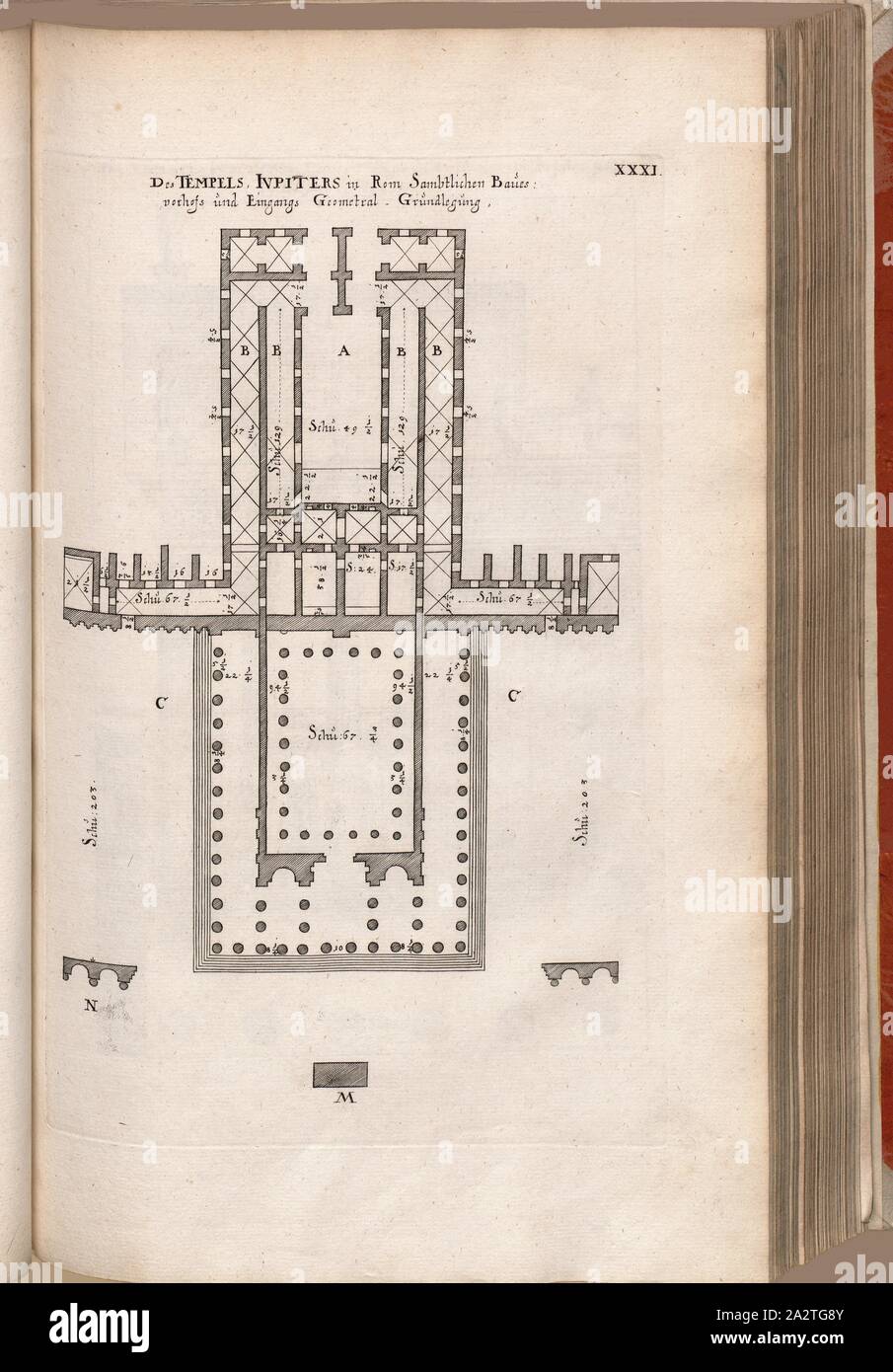 Der Tempel des Jupiter in Rom. Sambal Gebäude. Atrium und Eingang. Geometrische Grundlage, Grundriss der Tempel des Jupiter (Serapis Tempel) in Rom, Abb. 46, XXXI, nach S. 30, Offizin Endter Nürnberg (Imp.), 1775, Joachim von Sandrart: Teutsche Academie der Bau-Bildhauer- und Maler-Kunst: Worinn sterben Regeln und Lehrsätze of this Künste gegeben, nicht weniger zu sterben mehrerer Erläuterung und Beispiele Beispiele der alten und neuen Künstler in Kupfer beygefüget worden, wie solche in Rom auf das genaueste abgezeichnet sind: nebst den Lebensbeschreibungen und Beispiele der griechischen, römischen und neuen Stockfoto