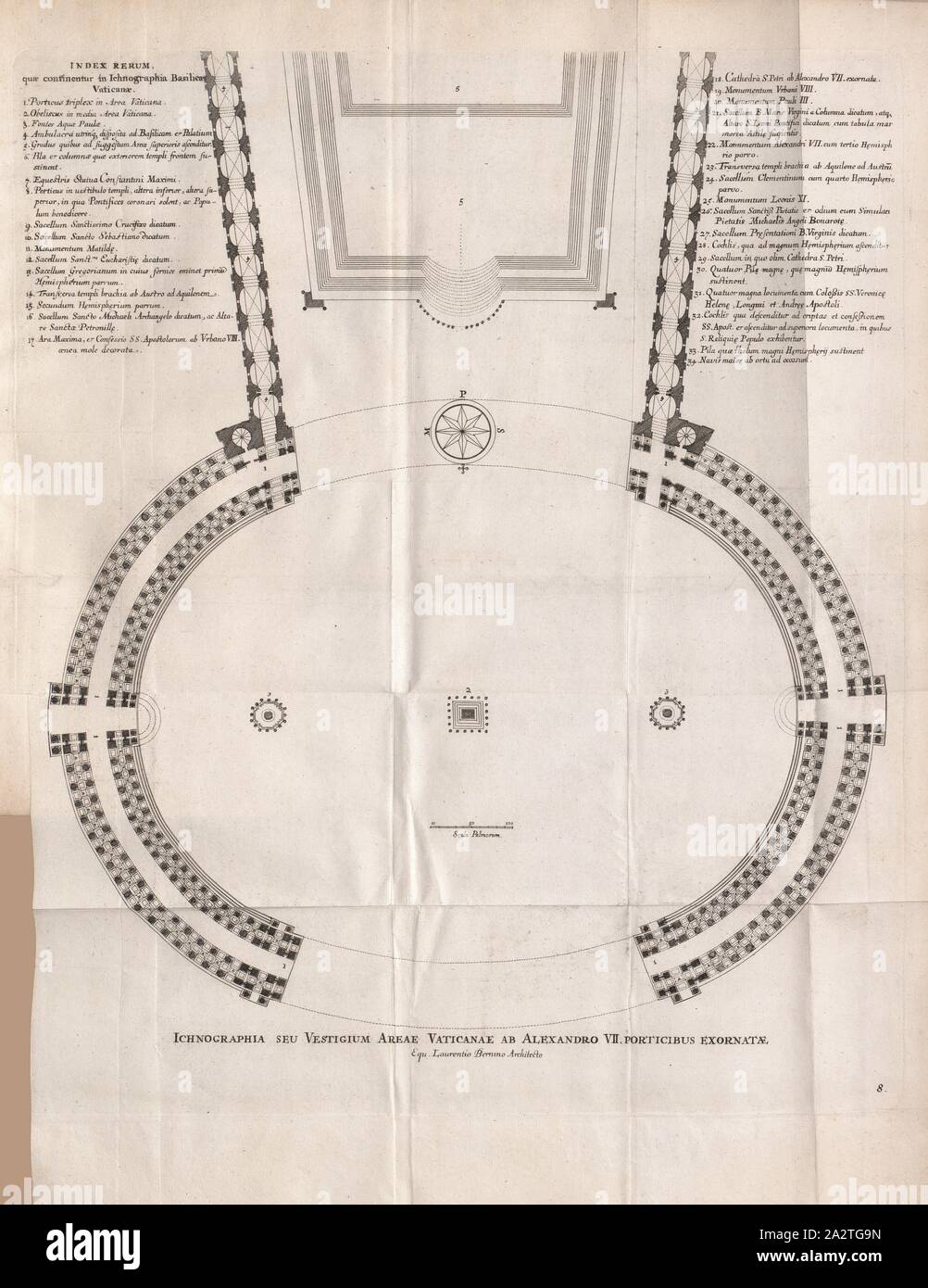 7, oder eine Spur von dem Boden der Vatikan durch Alexander den ichnographia. dekorieren Porches, Grundriss von St. Peter's Square mit Kolonnaden, Abb. 64, 8, nach S.97, Offizin Endter Nürnberg (Imp.), 1775, Joachim von Sandrart: Teutsche Academie der Bau-Bildhauer- und Maler-Kunst: Worinn sterben Regeln und Lehrsätze of this Künste gegeben, nicht weniger zu sterben mehrerer Erläuterung und Beispiele Beispiele der alten und neuen Künstler in Kupfer beygefüget worden, wie solche in Rom auf das genaueste abgezeichnet sind: nebst den Lebensbeschreibungen und Beispiele der griechischen, römischen und neuen Germany Stockfoto