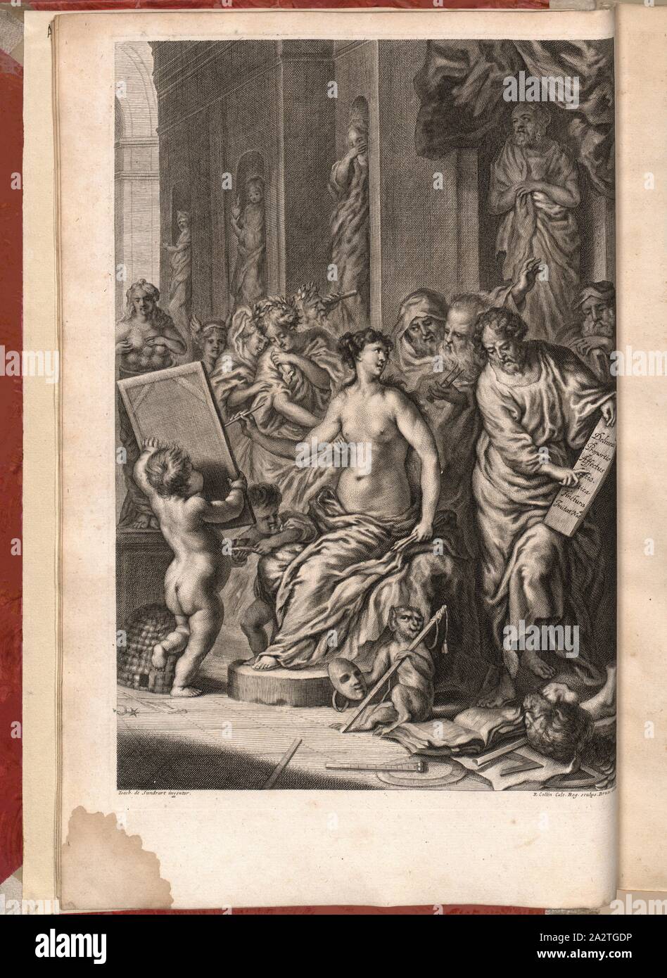 Bauzeichnen, Muse Lehren, Putto, unterzeichnet: Ioach., de Sandrart Erfinder; R. Collin Calc., Reg. Sculps, Frontispiz, Sandrart, Joachim von (Inv.); Collin, Richard (sc.), 1682, Joachim von Sandrart: Teutsche Academie der Bau-Bildhauer- und Maler-Kunst: Worinn sterben Regeln und Lehrsätze of this Künste gegeben, nicht weniger zu sterben mehrerer Erläuterung und Beispiele Beispiele der alten und neuen Künstler in Kupfer beygefüget worden, wie solche in Rom auf das genaueste abgezeichnet sind: nebst den Lebensbeschreibungen und Beispiele der griechischen, römischen und neuen Künstler, ingleichen der Anzeige Stockfoto