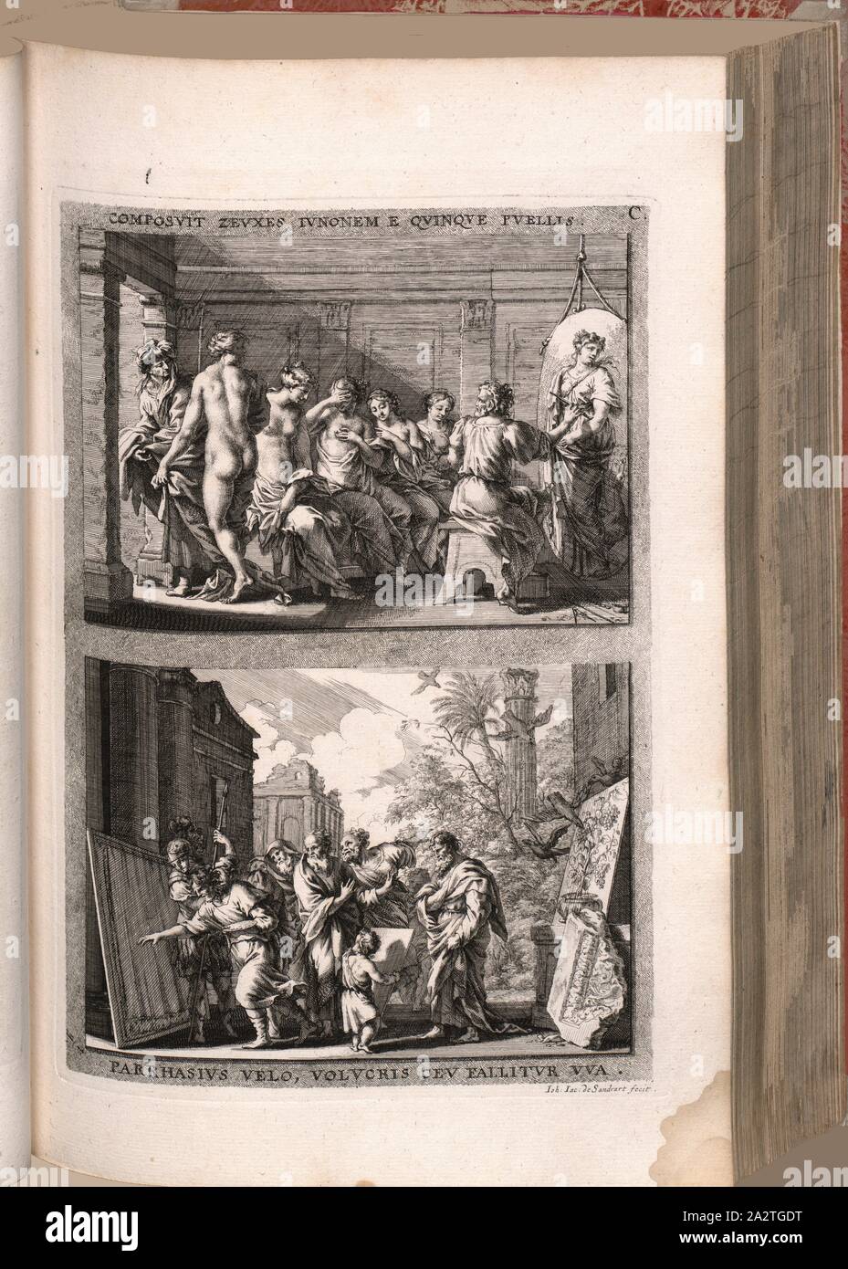 Compusuit Zeuxi Juno kam aus den fünf Mädchen, Parrhasius Film, wie jeder Fehler Traube, Zeuxis malt die Jungfrauen von Croton, Bild von Helena für den Tempel der Iuno Lacinia; Wettbewerb der Griechischen Maler Zeuxis und Parrhasios von Ephesus von Heraclea, unterzeichnet: Ioh., IAC, de Sandrart fecit, Abb. 3, C, nach S. 64, Sandrart, Johann Jakob von (FEC), 1774, Joachim von Sandrart: Teutsche Academie der Bau-Bildhauer- und Maler-Kunst: Worinn sterben Regeln und Lehrsätze of this Künste gegeben, nicht weniger zu sterben mehrerer Erläuterung und Beispiele Beispiele der alten und neuen Künstler in Kupfer beygefüget Stockfoto