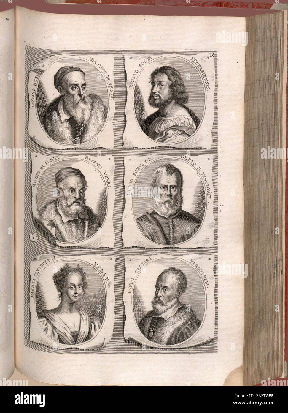 Tiziano Vogel von Cadoor Venet. Ariosto Dichter Ferrariensis, Iacomo da Ponte Basano Venet. Jakob Robusti genannt die Tinctoret. Marieta Tintoretta Venet. Paolo Caliari Veronensis, Portrait von Tiziano Vecellio, Ludovico Ariosto, Jacopo Bassano, Tintoretto, Marietta Tintoretto, Paolo Veronese, Abb. 17, R, nach S. 64, Sandrart, Joachim von (Del.), 1774, Joachim von Sandrart: Teutsche Academie der Bau-Bildhauer- und Maler-Kunst: Worinn sterben Regeln und Lehrsätze of this Künste gegeben, nicht weniger zu sterben mehrerer Erläuterung und Beispiele Beispiele der alten und neuen Künstler in Kupfer beygefüget worden, wie Stockfoto