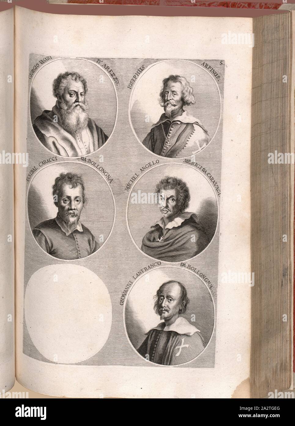 Giorgio Vasari d'Arezzo, iosephus Arpinus, Annibal Caracci aus Bollogna, Michelangelo Merigi aus Caravagi, Giovanni Lanfranco aus Bollongna, Portrait von Giorgio Vasari, Giuseppe Cesari, Annibale Carracci, Michelangelo Merisi da Caravaggio, Giovanni Lanfranco, Abb. 18, S, nach S. 64, Sandrart, Joachim von (Del.), 1774, Joachim von Sandrart: Teutsche Academie der Bau-Bildhauer- und Maler-Kunst: Worinn sterben Regeln und Lehrsätze of this Künste gegeben, nicht weniger zu sterben mehrerer Erläuterung und Beispiele Beispiele der alten und neuen Künstler in Kupfer beygefüget worden, wie solche in Rom in das Stockfoto