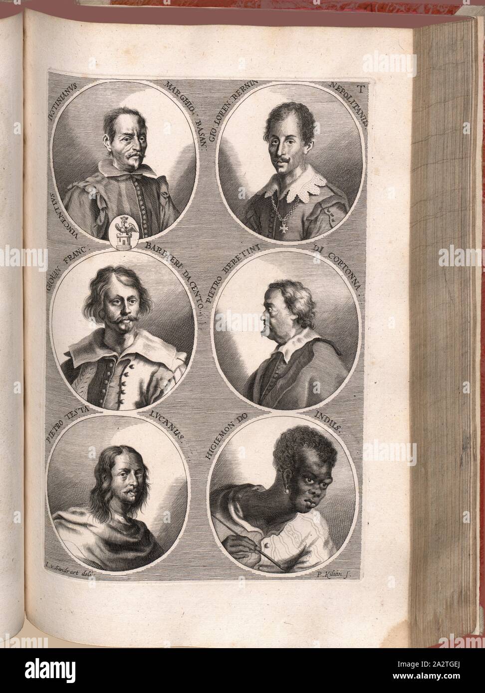 Lustinianus Marghio der. Gio. Loren. Bernini. Nepolitanus, Giovanni Franc. Barbieri da Cento Beretini Pietro di Cortona, Pietro Testa Cicero, indische Higiemondo, Portrait von Vincenzo Giustiniani, Gian Lorenzo Bernini, Giovanni Francesco Barbieri, Pietro da Cortona, Pietro Testa, Higiemonte, Signiert: i. v. Chr., Sandrart deli, S. Kilian s, Abb. 19, T, nach S. 64, Sandrart, Joachim von (Del.); Kilian, Philipp (sc.), 1774, Joachim von Sandrart: Teutsche Academie der Bau-Bildhauer- und Maler-Kunst: Worinn sterben Regeln und Lehrsätze of this Künste gegeben, nicht weniger zu sterben mehrerer Erläuterung Stockfoto