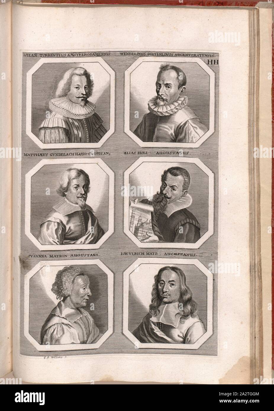 Torrentius iohann Amstelrodamensis, Wendelinus Dieterlinus Argentoratensis, Matthäus Gundelach Hasso-Cassellan, Elias Holl Augustanus, Susanna Mayrin Augustana, Ioh. Ulrich Mayr Augustanus, Porträt von Johannes Torrentius, Wendel Dietterlin, Matthäus Gundelach, Elias Holl, Susann Mayr, Johann Ulrich Mayr, unterzeichnet: G. A. Wolfgang w, Abb. 31, HH, nach S. 424, Wolfgang, Georg Andreas (FEC), 1774, Joachim von Sandrart: Teutsche Academie der Bau-Bildhauer- und Maler-Kunst: Worinn sterben Regeln und Lehrsätze of this Künste gegeben, weniger zu nicht sterben mehrerer Erläuterung und Beispiele Beispiele der alten und Stockfoto