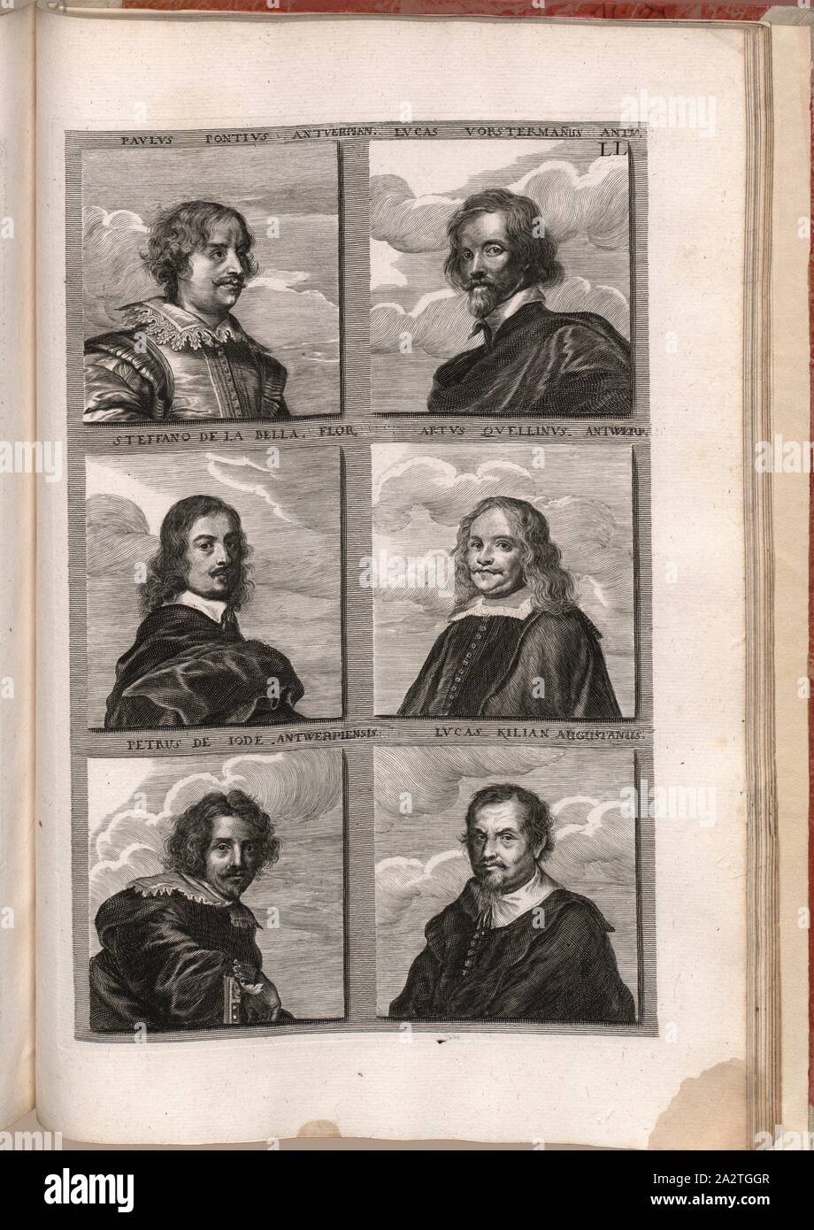 Paulus Pontius, Antverpiens. Lukas Vorstermannum Ante. Desertsand von Bella Flor. Quellinus Gliedmaßen in Antwerpen. Peter lode Antwerpiensis Lucas Kilian von Augsburg, Portrait von Paul Pontius, Lucas Vosterman, Stefano Della Bella, Arthurus Quellinus, Pieter de Jode, Lucas Kilian, Abb. 34, LL, nach S. 424, 1774, Joachim von Sandrart: Teutsche Academie der Bau-Bildhauer- und Maler-Kunst: Worinn sterben Regeln und Lehrsätze of this Künste gegeben, nicht weniger zu sterben mehrerer Erläuterung und Beispiele Beispiele der alten und neuen Künstler in Kupfer beygefüget worden, wie solche in Rom auf das genaueste abgezeichnet Stockfoto