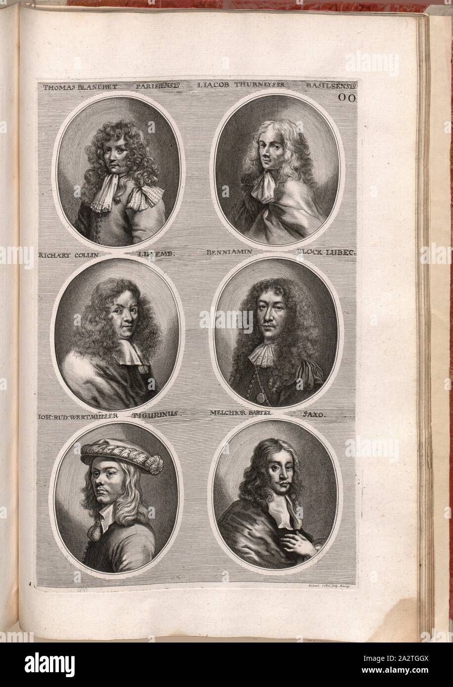 Thomas Blanchet Parisiensis, I. Iacob Thurneyser Basiliensis, Richart Collin Luxemburg. Lubec Benniamin blockieren. Ioh. Rud. Wertmüller Tigurinus, Melchior Bartel Saxo., Portrait von Thomas Blanchet, Johann Jakob Thurneysen d.Ä, Richard Collin Benjamin von Block, Hans Rudolf Werdmüller, Melchior Barthel, unterzeichnet: Richard Collin sculp, Abb. 37, OO, nach S. 424, Collin, Richard (sc.), 1774, Joachim von Sandrart: Teutsche Academie der Bau-Bildhauer- und Maler-Kunst: Worinn sterben Regeln und Lehrsätze of this Künste gegeben, nicht weniger zu sterben mehrerer Erläuterung und Beispiele Beispiele der alten und neuen Stockfoto