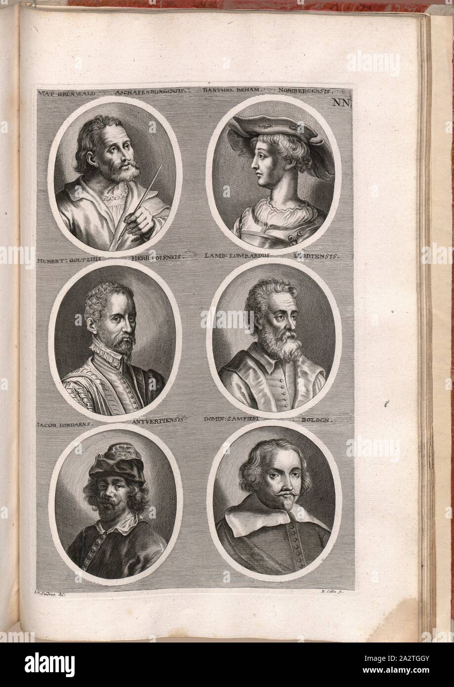 Mat. Grunwald Aschafenburgensis, Barthel Beham Sibiu, Hubert Goltzius, Würzburg, Lamm. Lombardo Lüttich, Jakob Iordaens Sanensis Domin. Zampieri Bologn., Portrait von Matthias Grünewald, Barthel Beham, Hubert Goltzius, Lambert Lombart, Jacob Jordaens, Domenichino, Gez.: i. v. Chr., Sandrart del, R. Collin sc, Abb. 36, NN, nach S. 424, Sandrart, Joachim von (Inv.); Collin, Richard (sc.), 1774, Joachim von Sandrart: Teutsche Academie der Bau-Bildhauer- und Maler-Kunst: Worinn sterben Regeln und Lehrsätze of this Künste gegeben, weniger zu nicht sterben mehrerer Erläuterung und Beispiele Beispiele der alten und Stockfoto