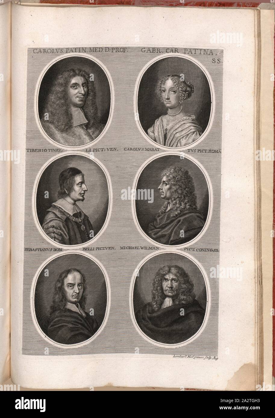 Carolus Patin Med. D. Prof. Gabr. Auto Patina, Tiberio Tinelli Pict. Ven. Carolus Marattus Pict. Rom, Sebastianus Bombelli Pict. Ven. Michael Wilman Pict. Coningsb, Porträt von Charles Patin, Gabrielle Charlotte Patin, Tiberio Tinelli, Carlo Maratti, Sebastiano Bombelli, Michael Willmann, Datum geschätzt, unterzeichnet: Leonhard Heckenauer sculp, Abb. 41, SS, nach S. 424, Heckenauer, Leonhard (sc.), 1774, Joachim von Sandrart: Teutsche Academie der Bau-Bildhauer- und Maler-Kunst: Worinn sterben Regeln und Lehrsätze of this Künste gegeben, nicht weniger zu sterben mehrerer Erläuterung und Beispiele Beispiele der Stockfoto