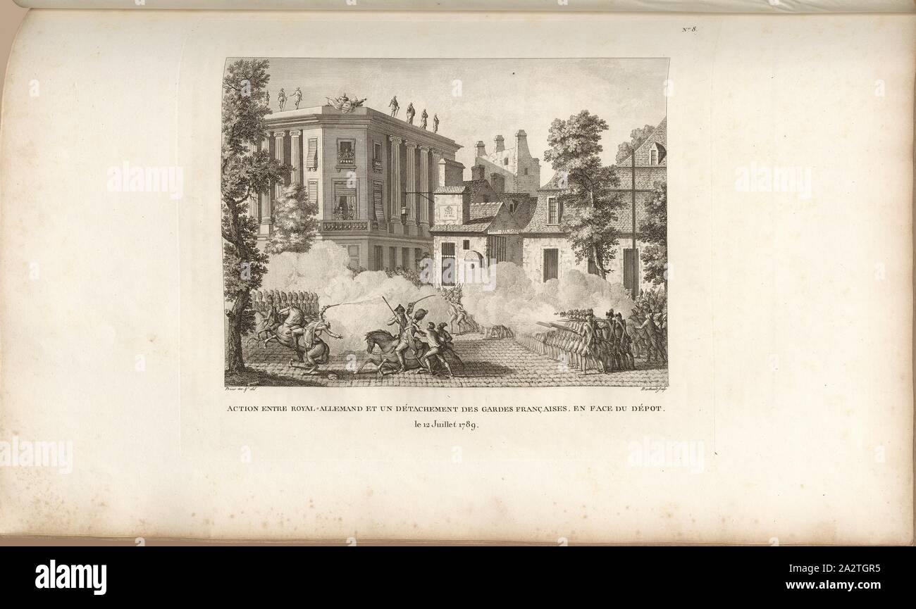 Aktion zwischen Royal-German und einer Abordnung der Französischen Wachen, Vor dem Depot am 12. Juli 1789, Régiment Royal-Allemand cavalerie und Garde française am 12. Juli 1789 an der Rue de La Chaussée-d'Antin in Paris unterzeichnet: Prieur inv. Et del, Berthault sculp, Abb. 18, Nr. 8, S. 31 (huitième Tableau), Prieur, Jean-Louis (Inv. et Del.); Berthault, Pierre-Gabriel (Sc), Sammlung complète des Tableaux historiques de La Révolution Française en trois Volumes [...]. Bd. 1, Bl. 1. Ein Paris: chez Auber, Editeur, et seul Propriétaire: de l'Imprimerie de Pierre Didot l'aîné, einer XI de la République Stockfoto