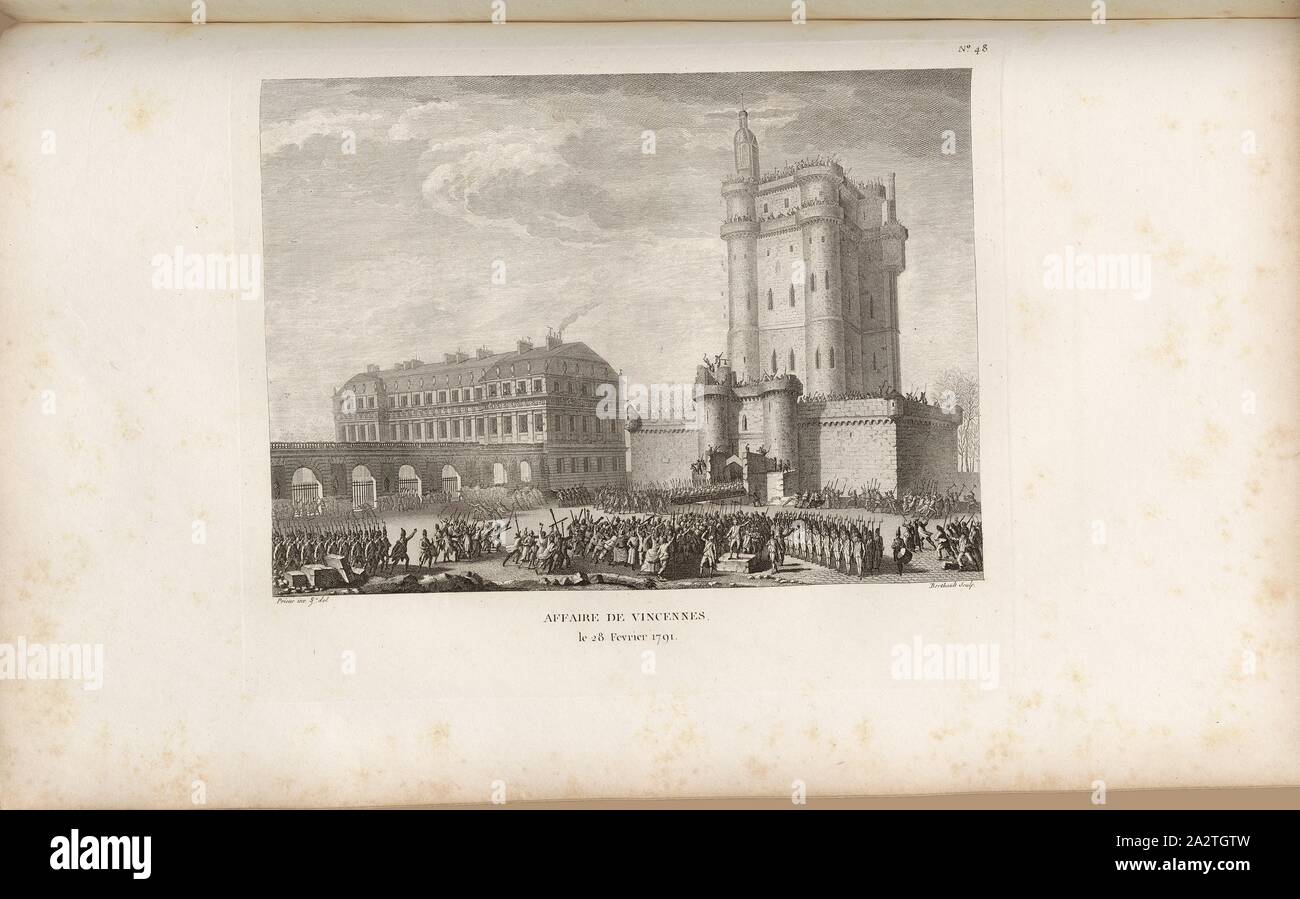 Fall von Vincennes Februar 28, 1791, Sturm auf das Schloss von Vincennes, am 28. Februar 1791, unterzeichnet: Prieur inv. Et del, Berthault sculp, Abb. 58, Nr. 48, Nach S. 191 (Forty-huitième Tableau), Prieur, Jean-Louis (Inv. et Del.); Berthault, Pierre-Gabriel (Sc), Sammlung complète des Tableaux historiques de La Révolution Française en trois Volumes [...]. Bd. 1, Bl. 1. Ein Paris: chez Auber, Editeur, et seul Propriétaire: de l'Imprimerie de Pierre Didot l'aîné, einer XI de la République DCCCII Francçaise M. Stockfoto