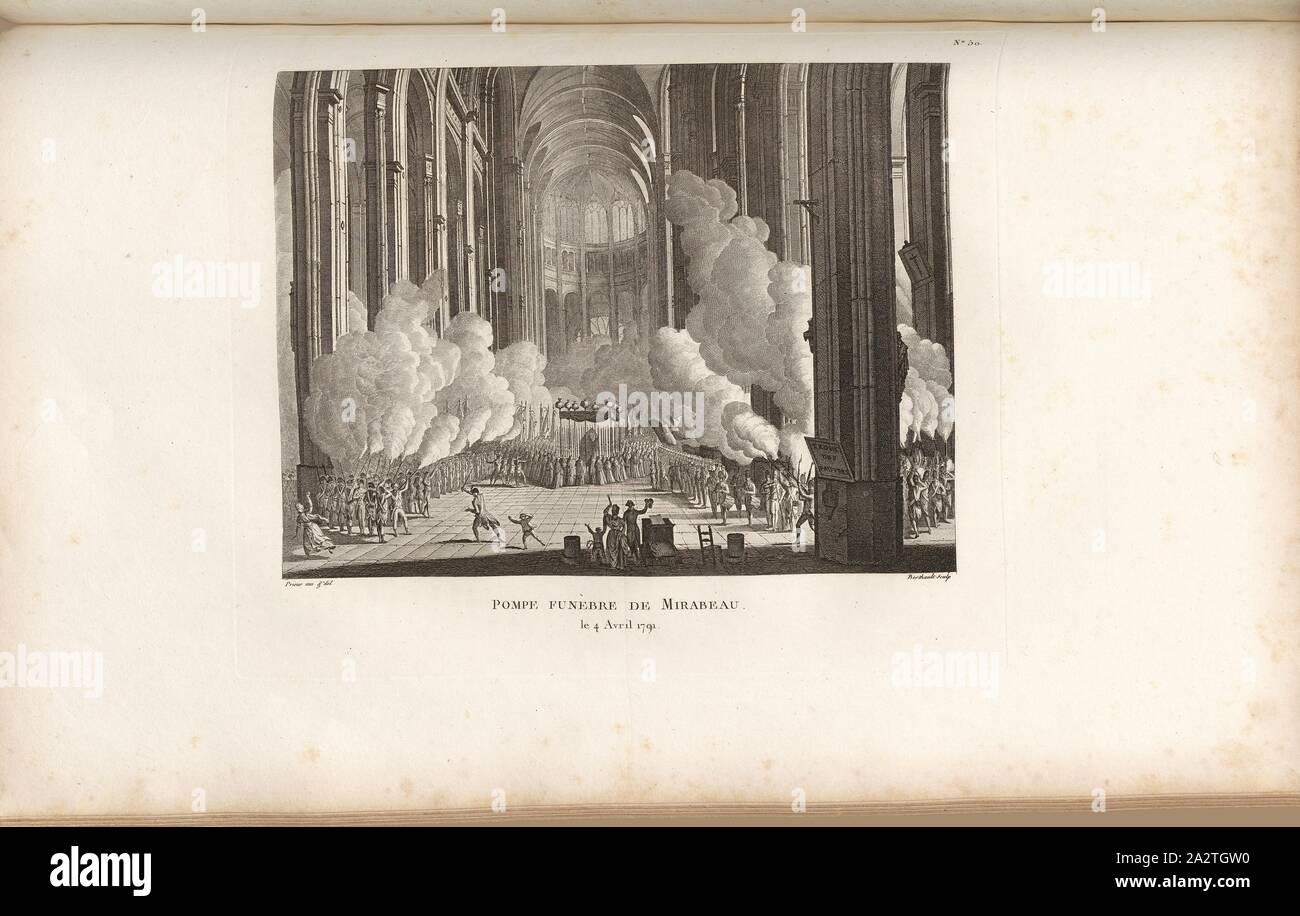 Beerdigung Pumpe von Mirabeau am 4. April 1791, Trauerfeier von Honoré Gabriel de Riqueti, comte de Mirabeau am 4. April 1791 in das Panthéon in Paris unterzeichnet: Prieur inv. Et del, Berthault sculp, Abb. 60, Nr. 50, Nach S. 199 (Cinquantième Tableau), Prieur, Jean-Louis (Inv. et Del.); Berthault, Pierre-Gabriel (Sc), Sammlung complète des Tableaux historiques de La Révolution Française en trois Volumes [...]. Bd. 1, Bl. 1. Ein Paris: chez Auber, Editeur, et seul Propriétaire: de l'Imprimerie de Pierre Didot l'aîné, einer XI de la République DCCCII Francçaise M. Stockfoto