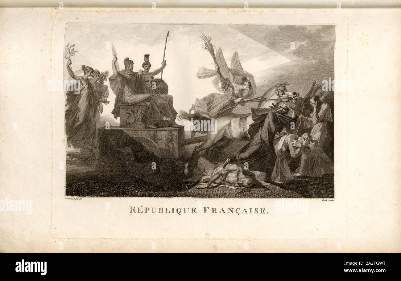 Französische Republik, Allgoric Darstellung der Französischen Republik und Despotismus, unterzeichnet: Fragonard fils del, Copia sculp, Abb. 1, S. 274, Fragonard, Alexandre (Del.); Copia, Jacques-Louis (Sc), Sammlung complète des Tableaux historiques de La Révolution Française en trois Volumes [...]. Bd. 1, Bl. 2. Ein Paris: chez Auber, Editeur, et seul Propriétaire: de l'Imprimerie de Pierre Didot l'aîné, einer XI de la République DCCCII Francçaise M. Stockfoto