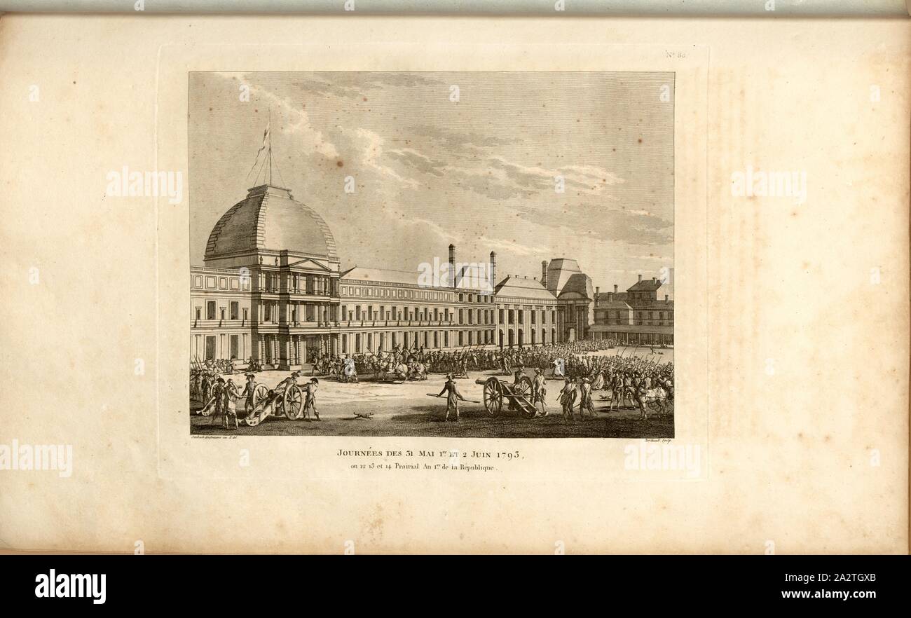 Tage 31. Mai 1. und 2. Juni 1793, oder 12. 12. und 14. prairial Jahr 1 der Republik, Aufstand der Pariser sans-culottes von 31. Mai bis 2. Juni 1793, Bedrohung für das Kloster in den Tuilerien, unterzeichnet: Sweebach Desfontaines inv. Et del, Berthault sculp, Abb. 13, Nr. 80, Nach S. 320 (Quatre - vingtième Tableau), Swebach de Fontaine, Jacques François Joseph (Inv. et Del.); Berthault, Pierre-Gabriel (Sc), Sammlung complète des Tableaux historiques de La Révolution Française en trois Volumes [...]. Bd. 1, Bl. 2. Ein Paris: chez Auber, Editeur, et seul Propriétaire: de l'Imprimerie de Stockfoto