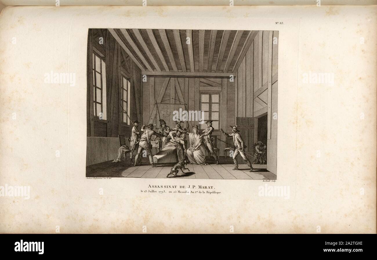 Ermordung von J. S. Marat, Juli 13, 1793, oder 25 Messidor, Jahr 1 der Republik, Ermordung des Jean Paul Marat am 13. Juli 1793 im Bad, unterzeichnet: Sweebach Desfontaines inv. Et del, Berthault sculp, Abb. 16, Nr. 83, S. 336 (Quatre-vingt-troisième Tableau), Swebach de Fontaine, Jacques François Joseph (Inv. et Del.); Berthault, Pierre-Gabriel (Sc), Sammlung complète des Tableaux historiques de La Révolution Française en trois Volumes [...]. Bd. 1, Bl. 2. Ein Paris: chez Auber, Editeur, et seul Propriétaire: de l'Imprimerie de Pierre Didot l'aîné, einer XI de la République Francçaise M Stockfoto