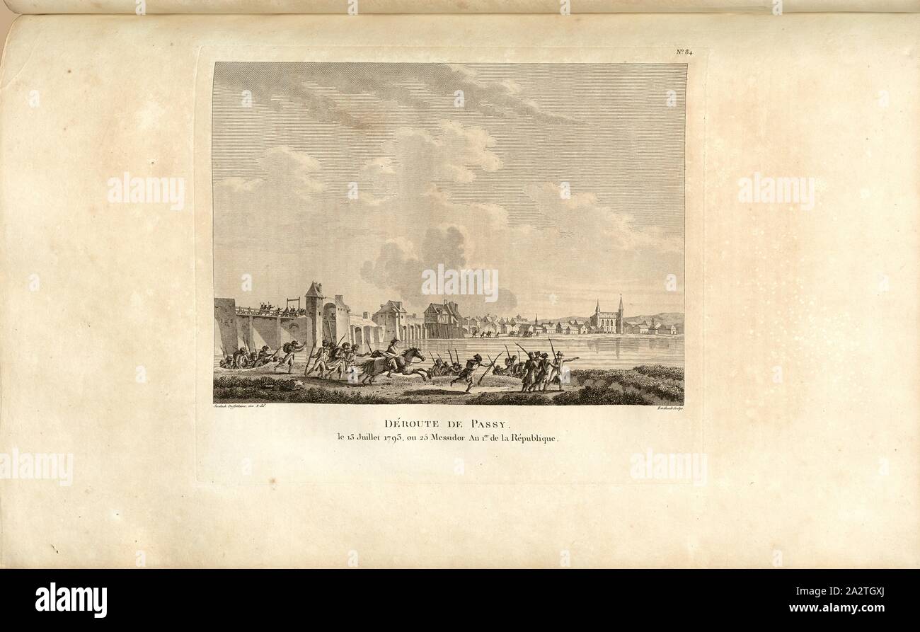 Rout von Passy am 13. Juli 1793, oder 25 Messidor Jahr 1 der Republik, die Miliz in der Nähe von Pacy-sur-Eure am 13. Juli 1793, unterzeichnet: Sweebach Desfontaines inv. Et del, Berthault sculp, Abb. 17, Nr. 84, Nach S. 340 (Quatre - vintg - der Stufe quatrième Tableau), Swebach de Fontaine, Jacques François Joseph (Inv. et Del.); Berthault, Pierre-Gabriel (Sc), Sammlung complète des Tableaux historiques de La Révolution Française en trois Volumes [...]. Bd. 1, Bl. 2. Ein Paris: chez Auber, Editeur, et seul Propriétaire: de l'Imprimerie de Pierre Didot l'aîné, einer XI de la République DCCCII Francçaise M. Stockfoto